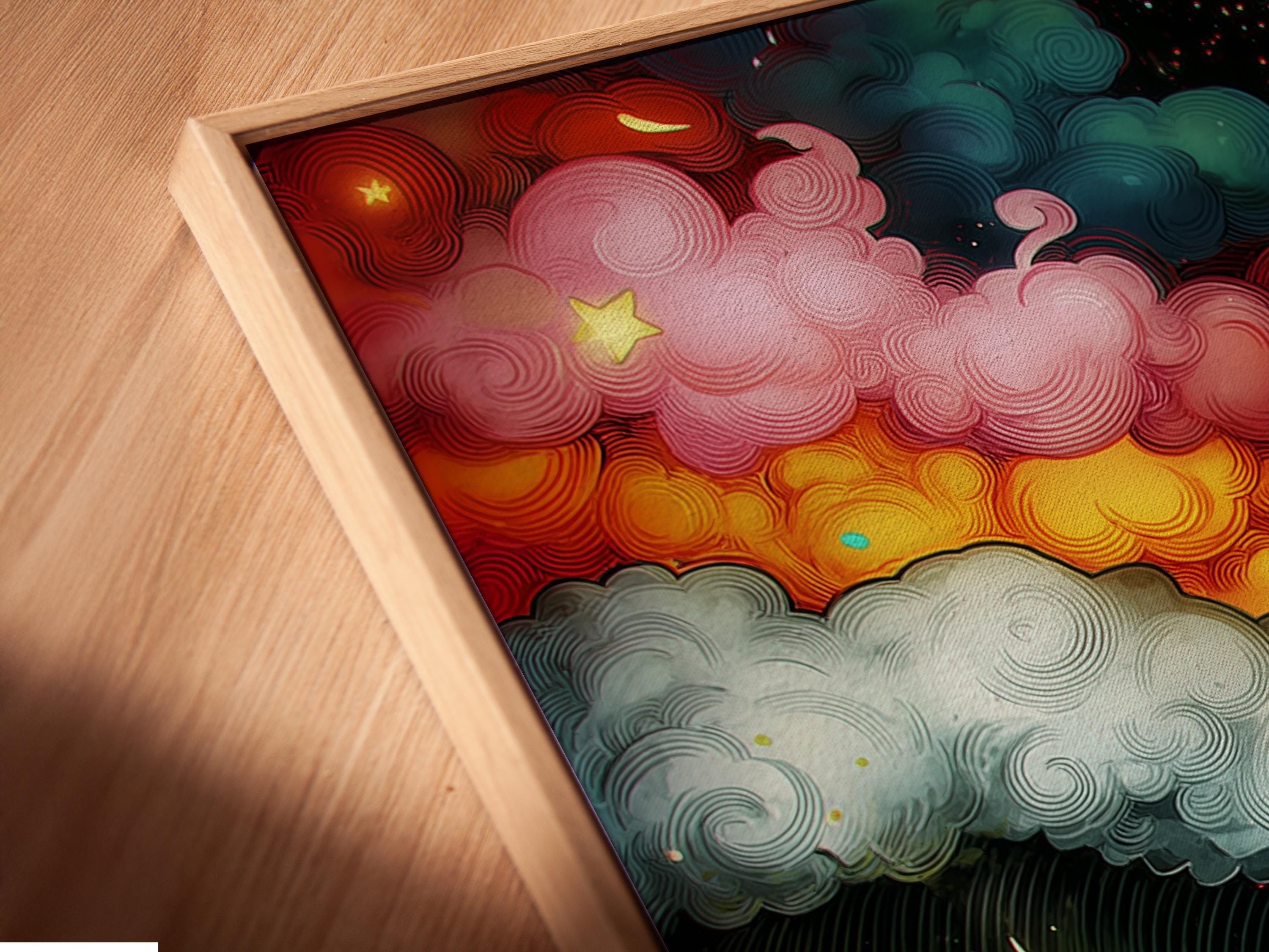 Starry ocean wave artwork with swirling clouds and gold stars in teal, red, and emerald green detail view