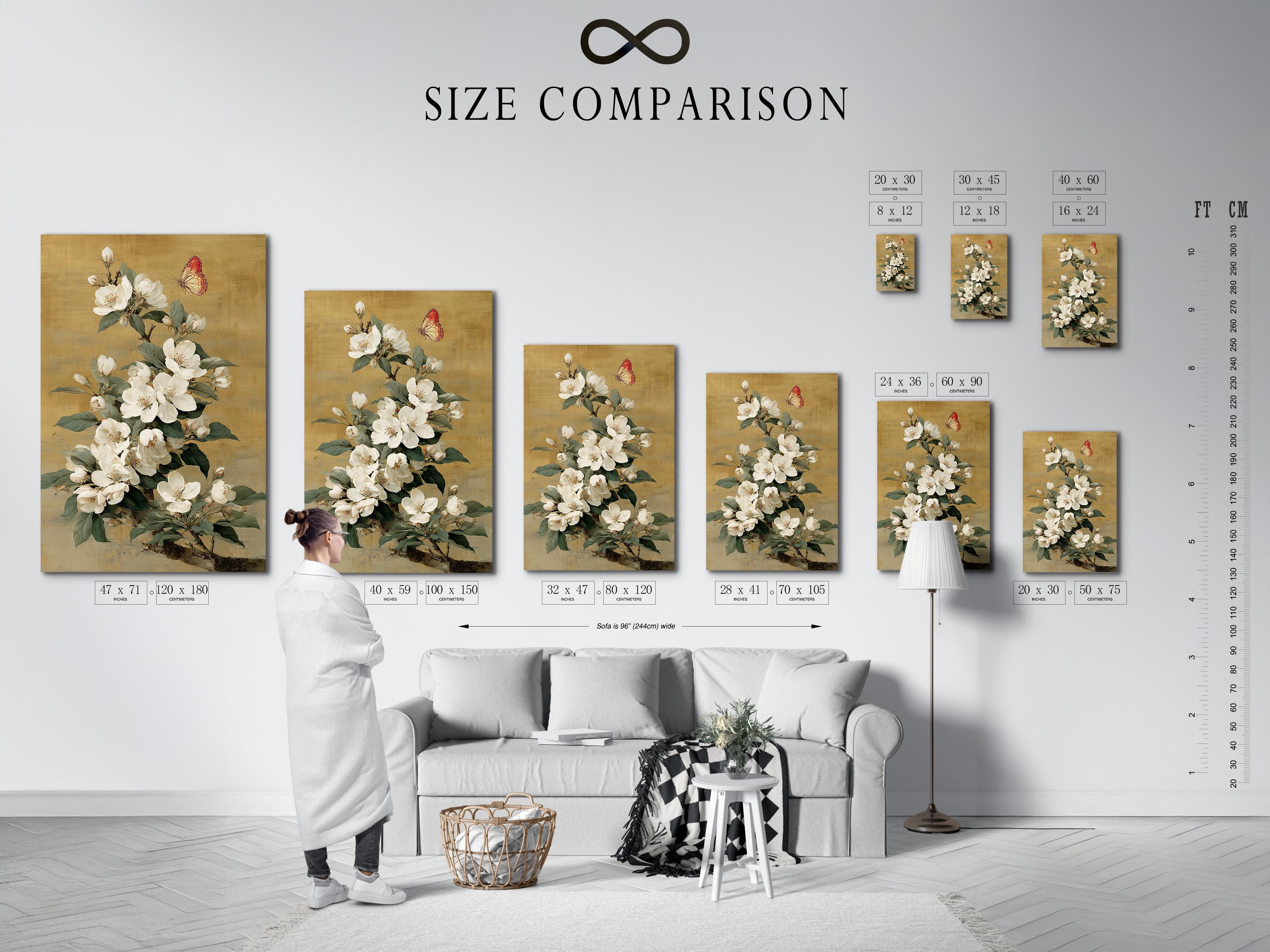 Vertical framed artwork mockup on a light wall with a bouquet of white blossoms and a butterfly