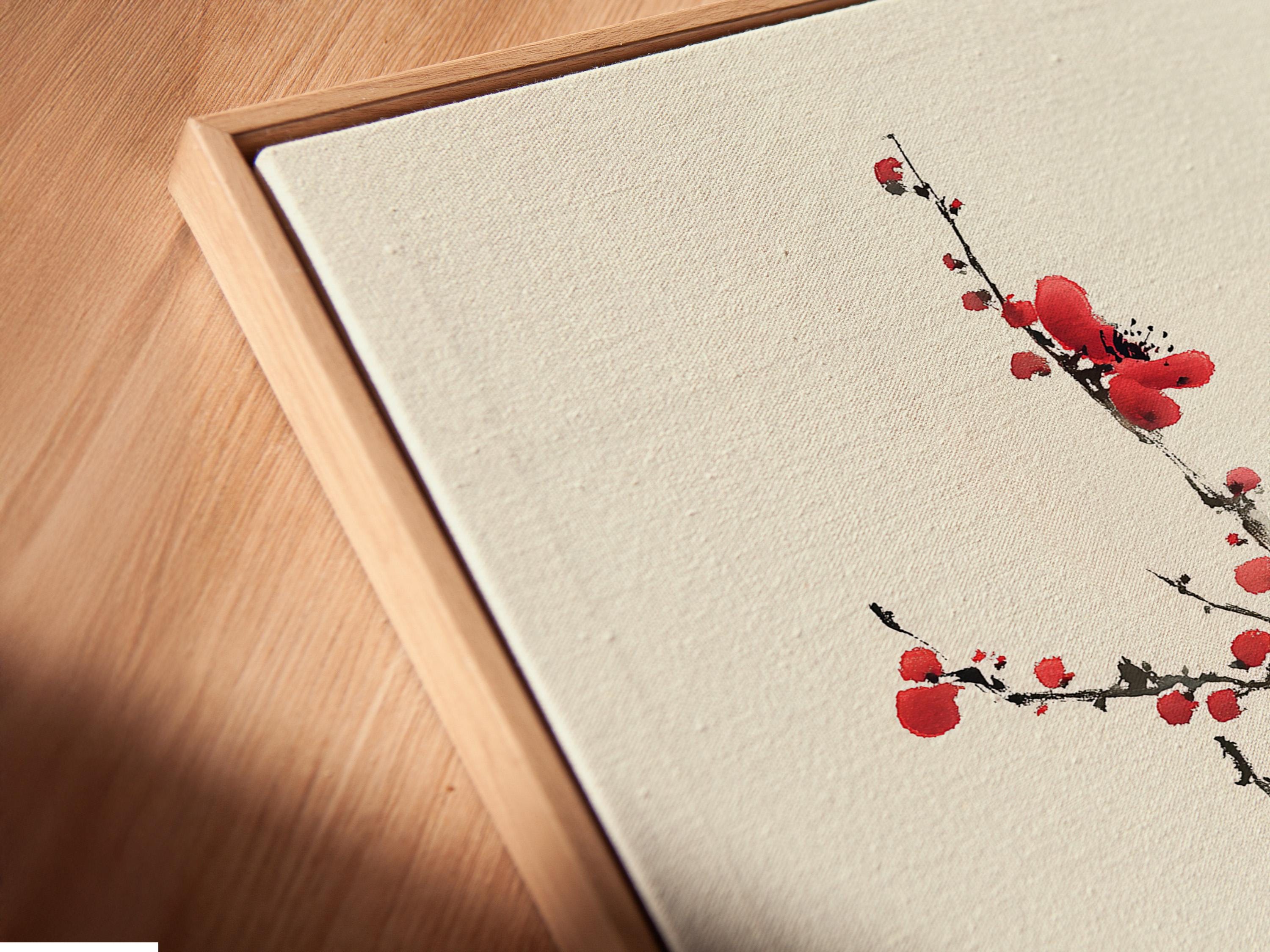 Red plum blossom flowers on dark ink branches with vertical calligraphy and a red seal stamp detail view