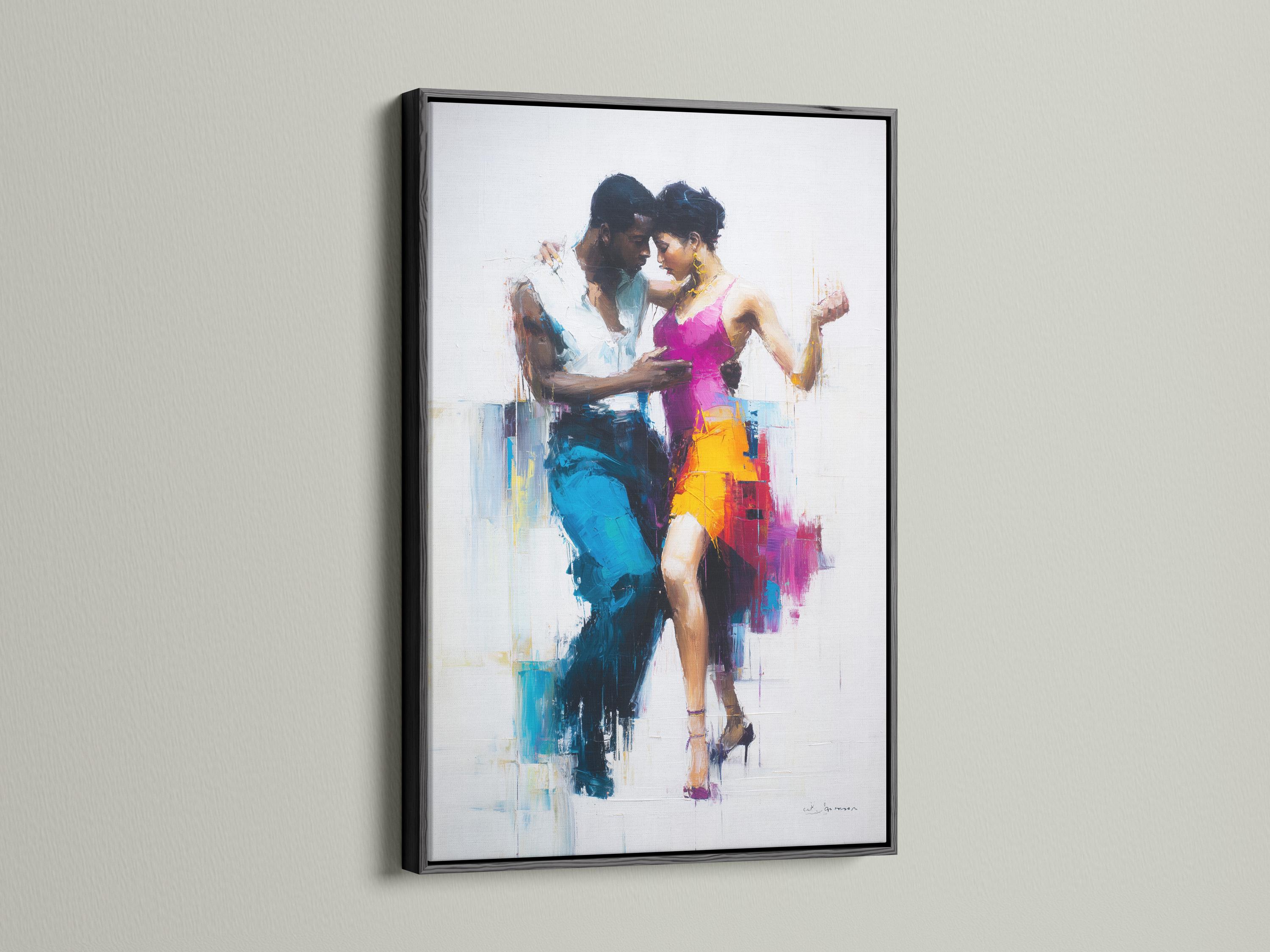 Abstract painterly dancing couple in hot pink and blue tones on a light background detail view