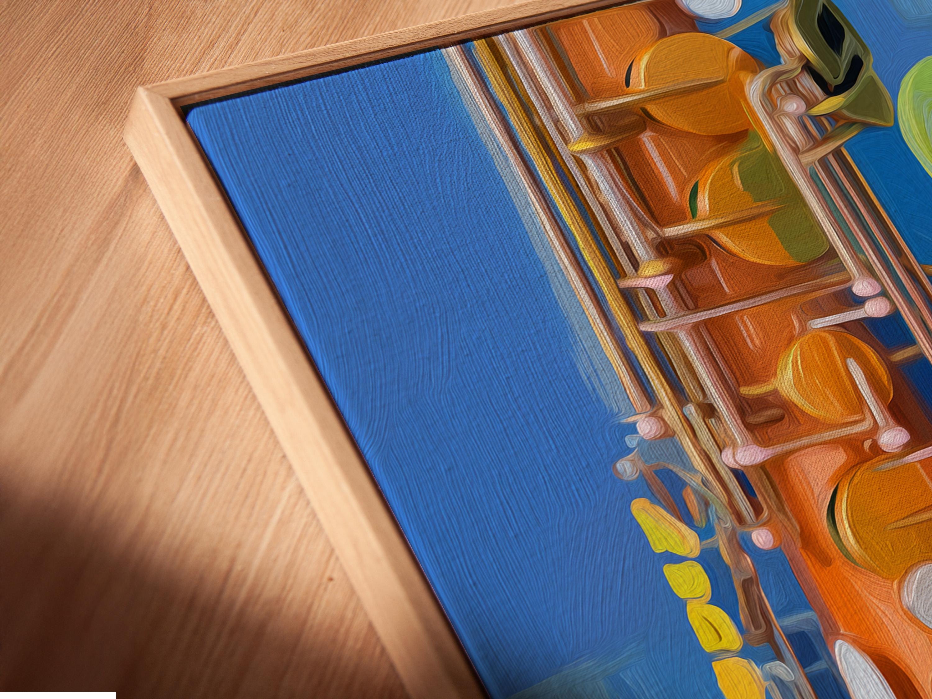Abstract saxophone illustration with deep blue background, orange, green and pink accents detail view