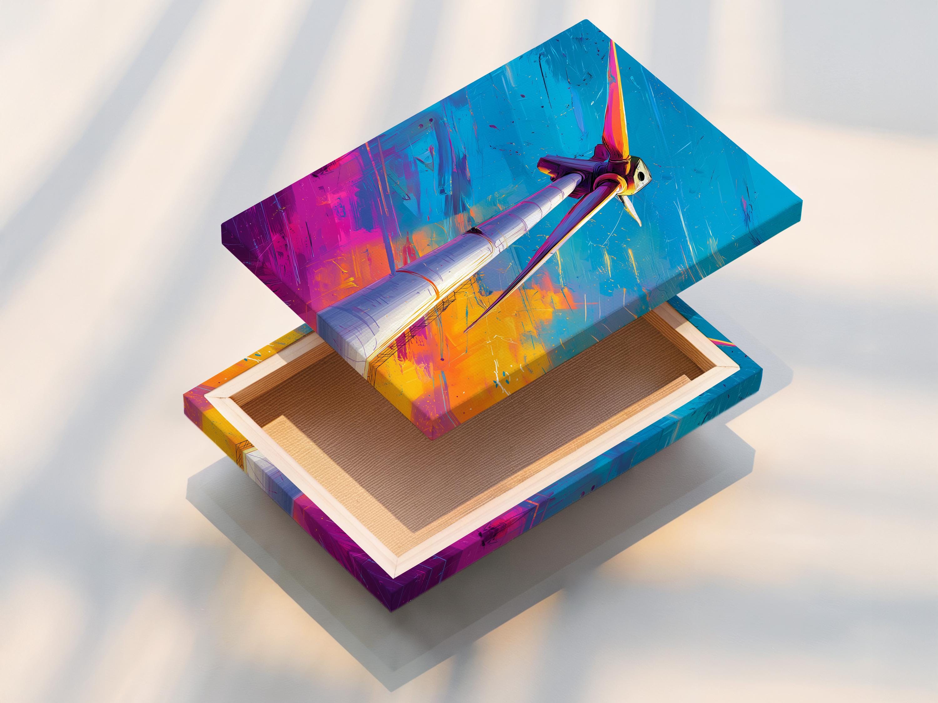 Wind turbine on a sky-blue background with diagonal motion streaks and orange magenta accents detail view