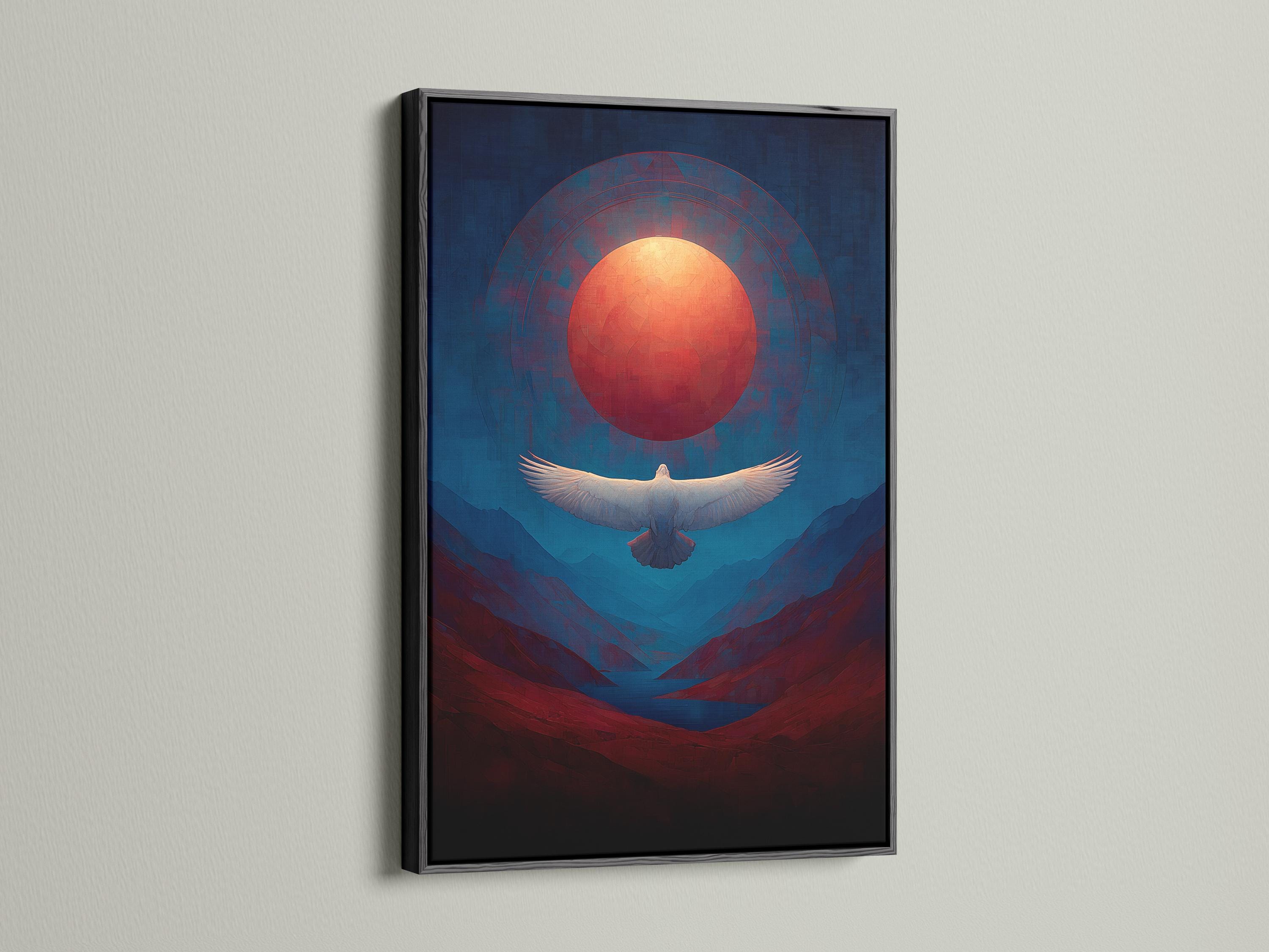 Artwork mockup showing a framed eagle over a blue and red mountain landscape with a glowing red sun