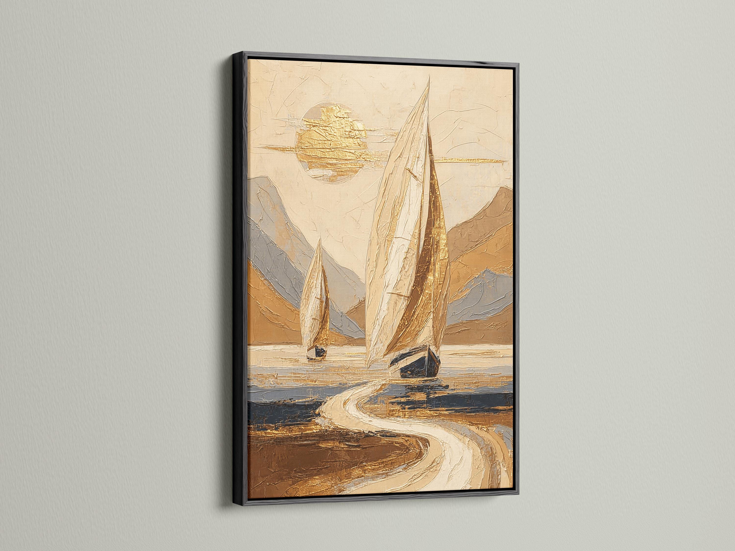 A gold-toned sailboat with billowing sails sits on rippling blue-grey water, set against warm beige and sandy shapes with a bright sun-like glow