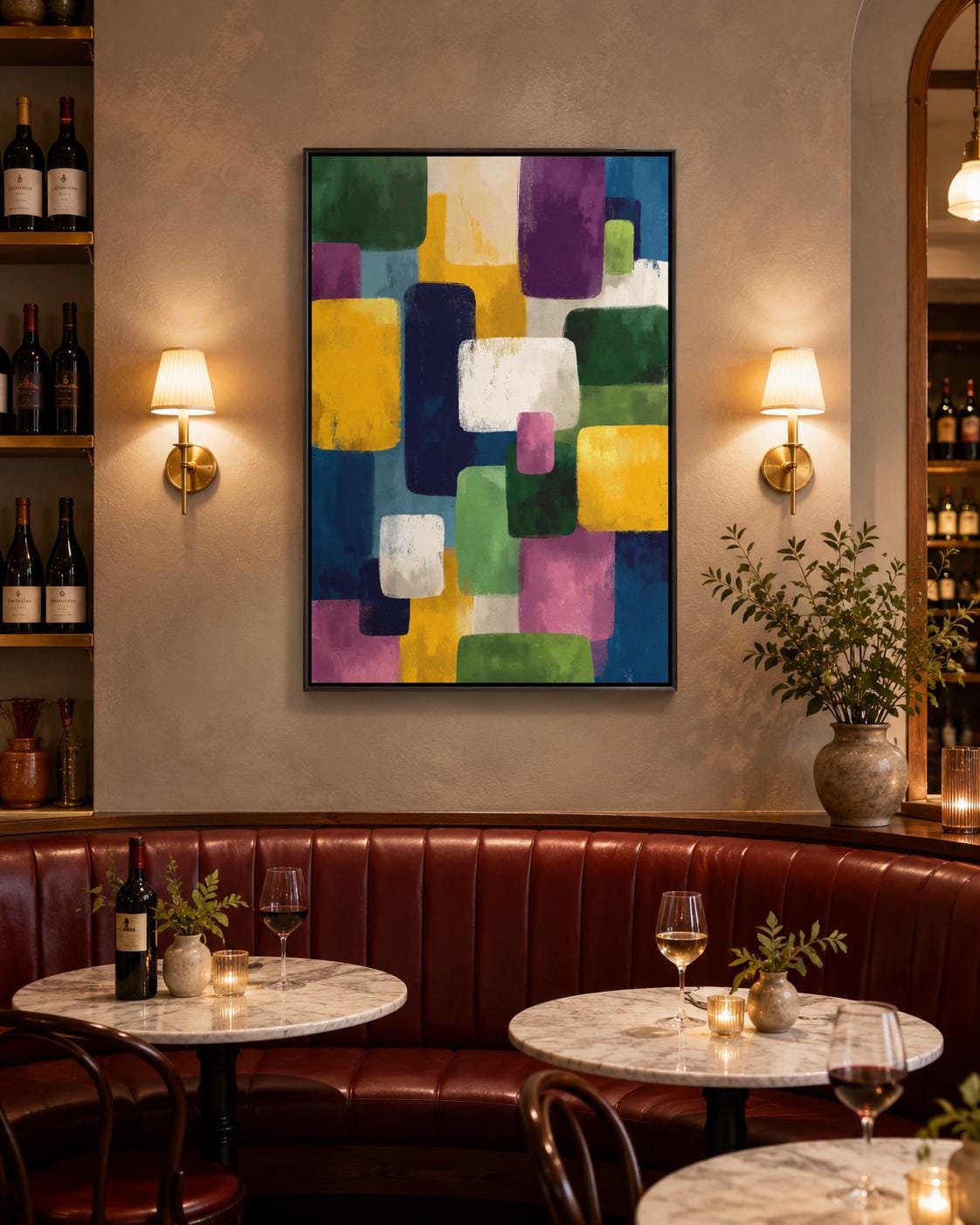 A framed geometric abstract artwork features overlapping colourful blocks—green, yellow, purple, blue and white—arranged in an irregular, layered