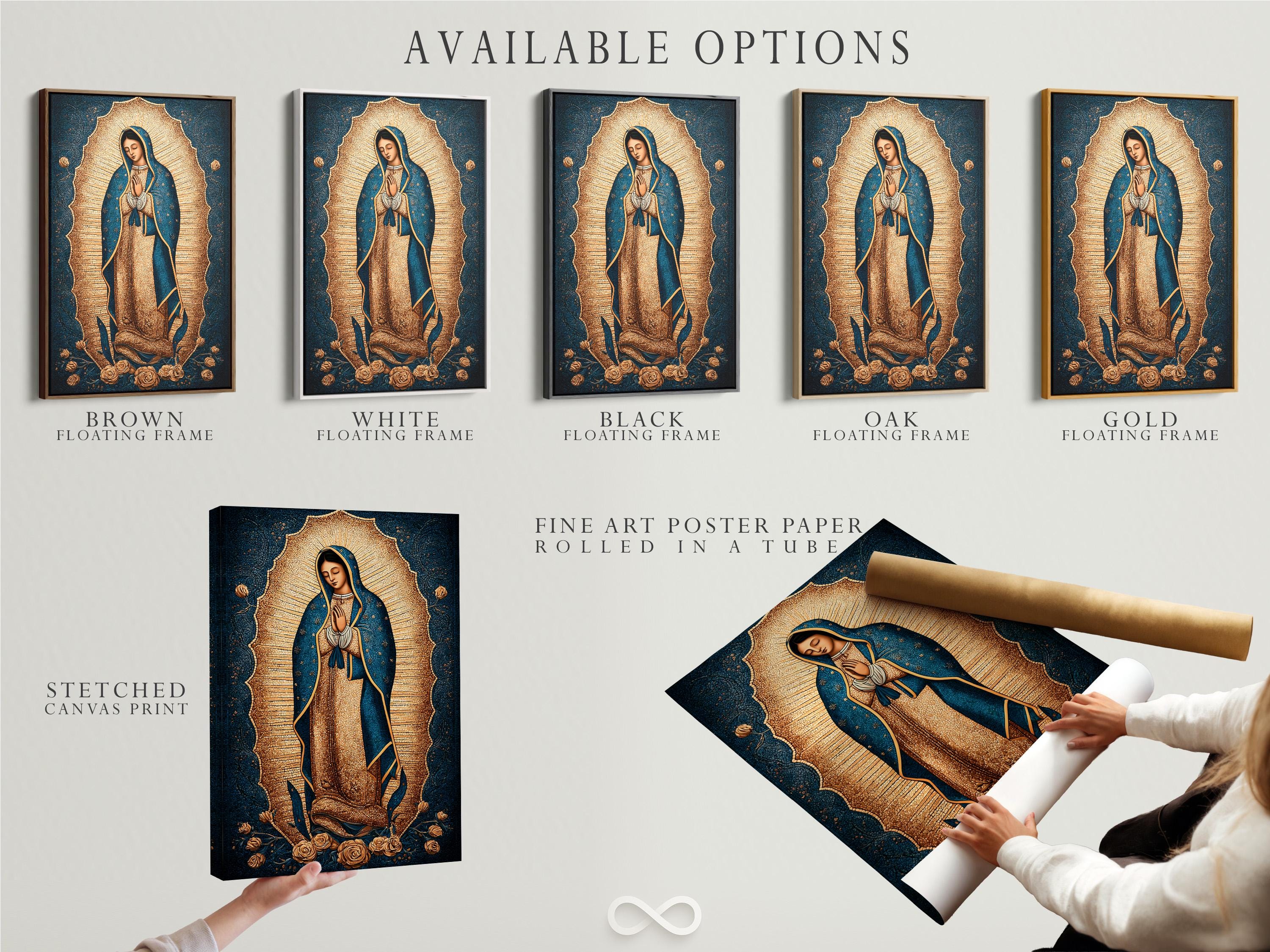 Hooded praying female figure with gold halo rays and roses on a blue textured background detail view