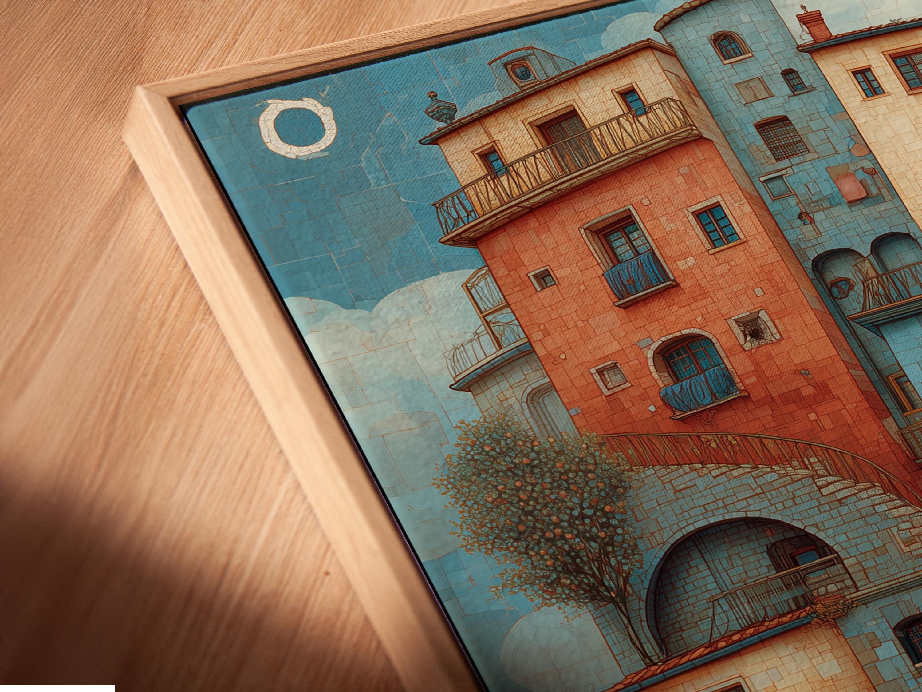 Turquoise and coral Mediterranean cityscape with arched windows, balconies, staircases and reflective water detail view