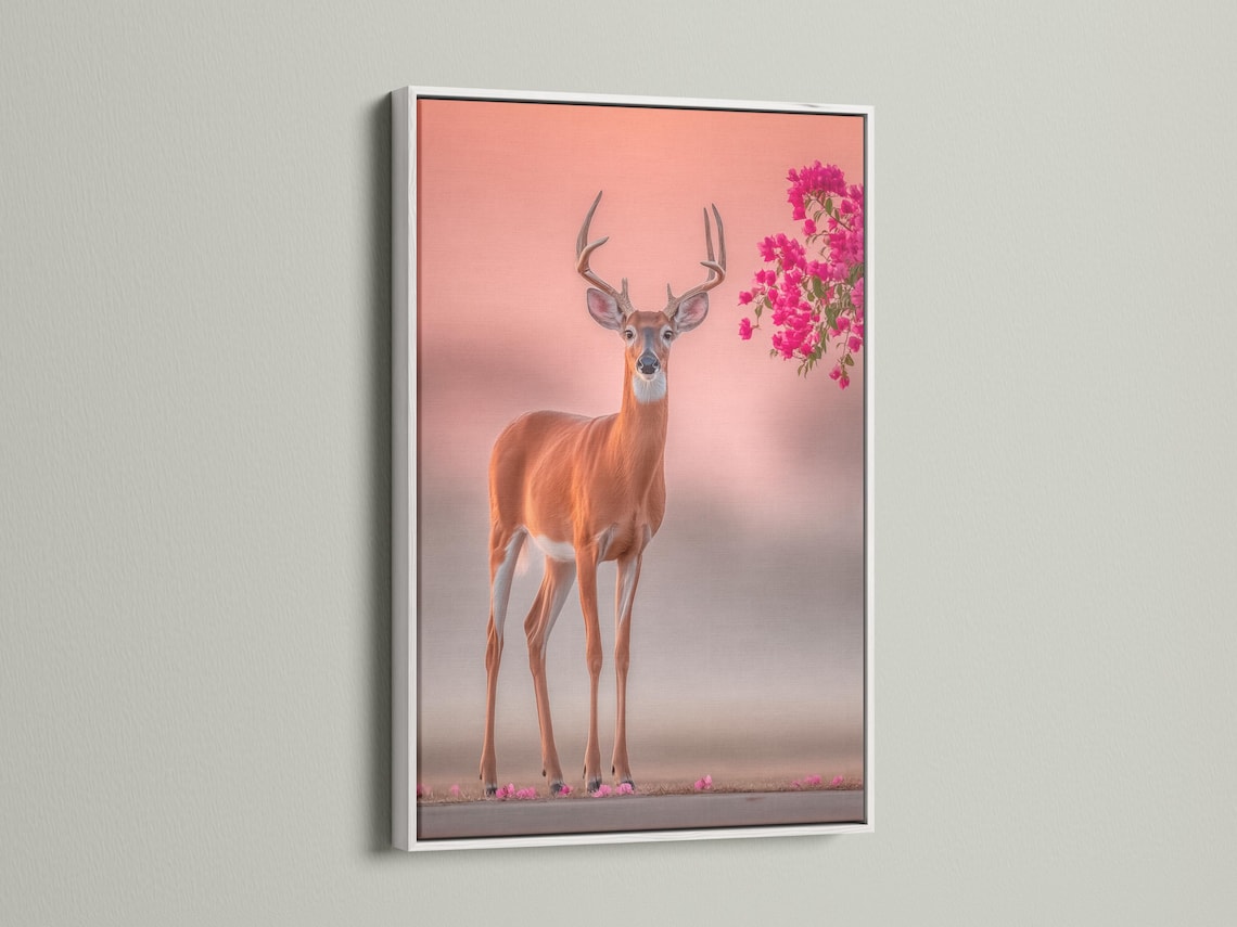 Deer portrait with tall antlers against a blush pink background and pink blossoms detail view