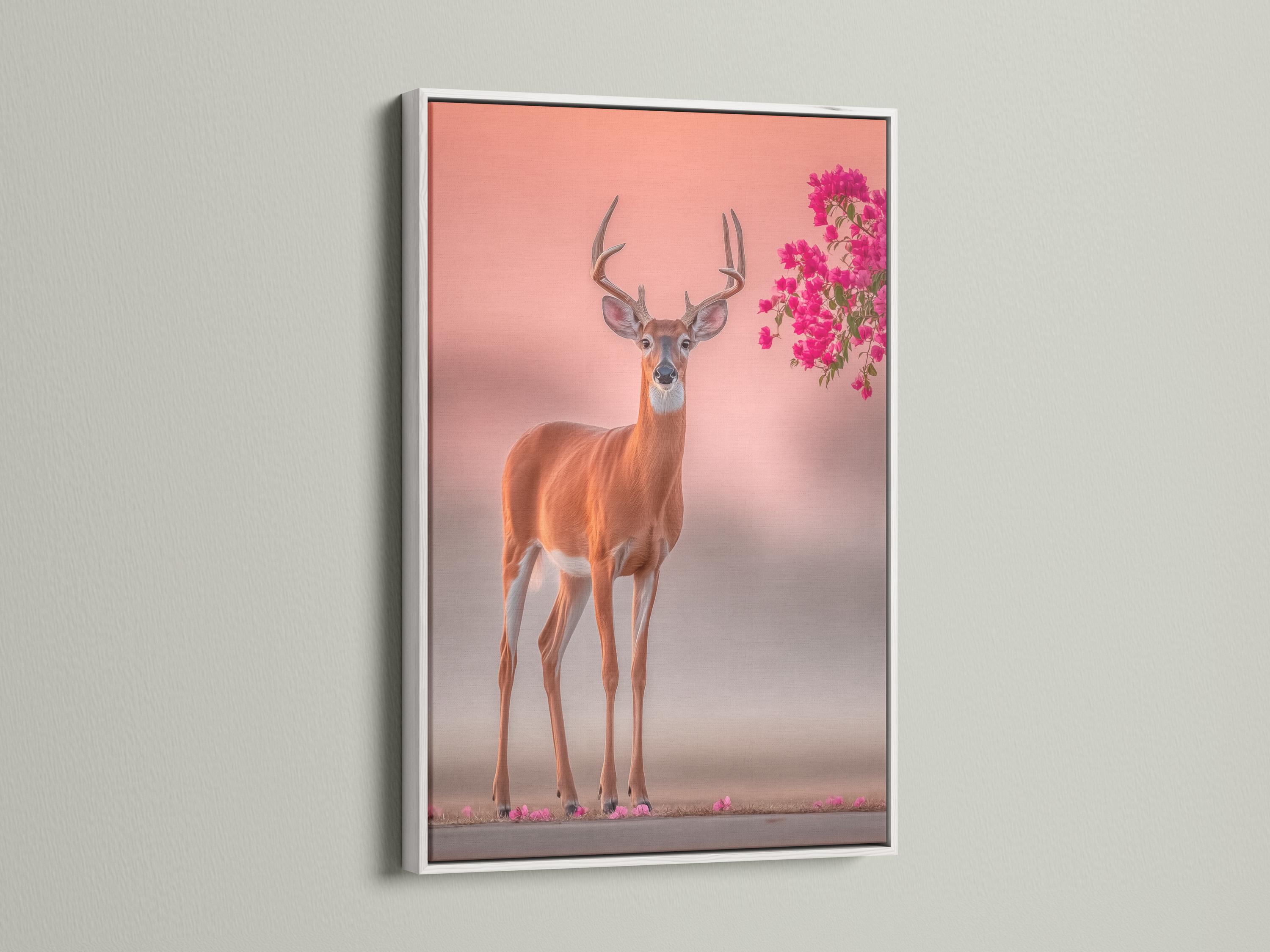 Deer portrait with tall antlers against a blush pink background and pink blossoms detail view
