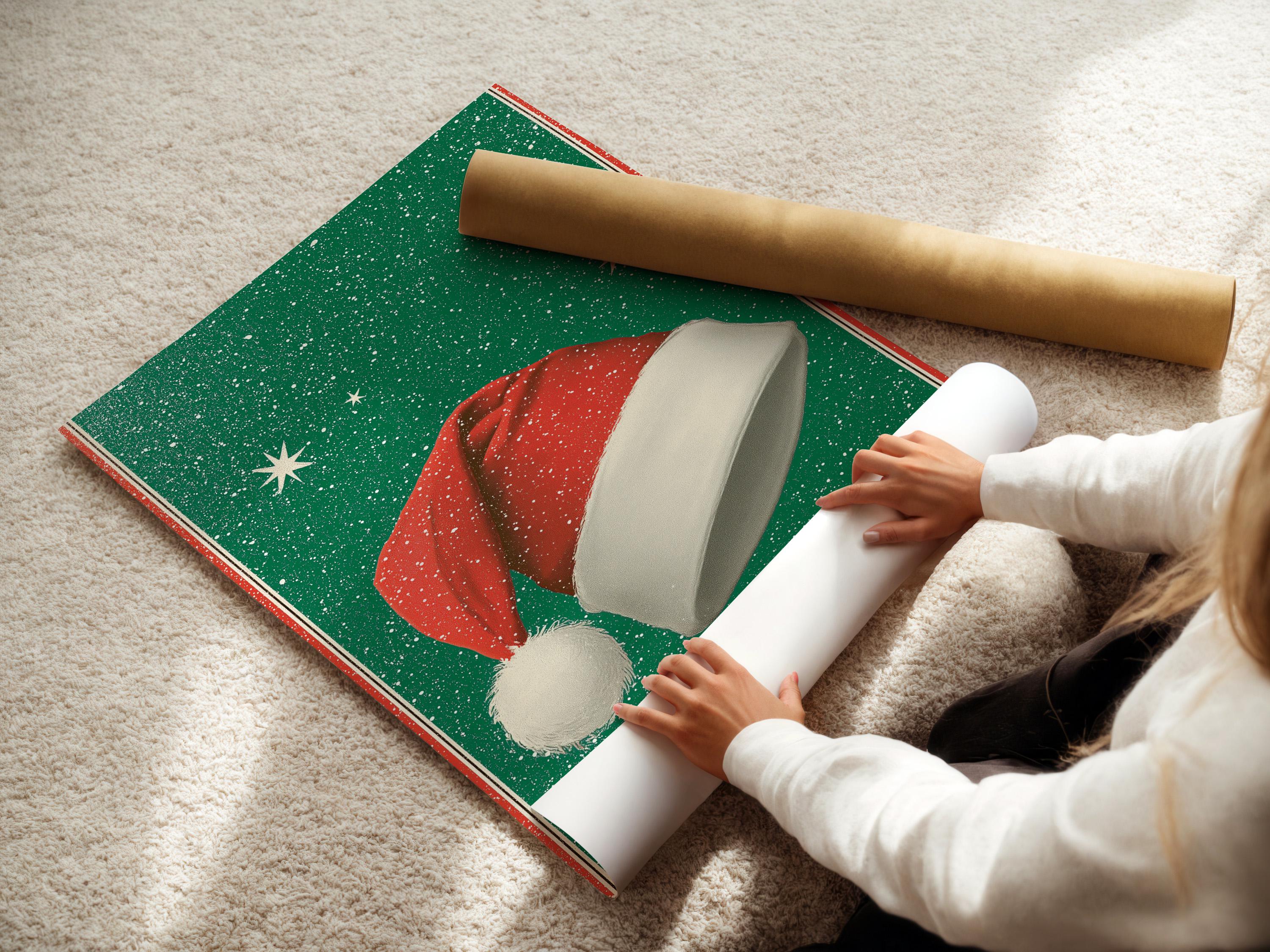 Room mockup featuring a framed Santa hat artwork on an emerald green speckled background