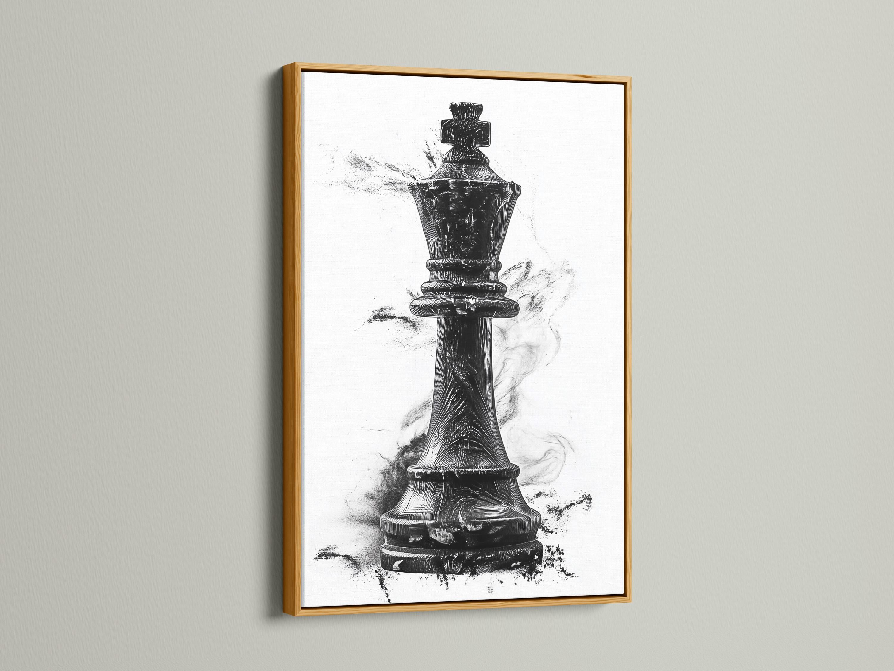 Black and white illustration of an upright chess piece with grey ink splatter marks detail view