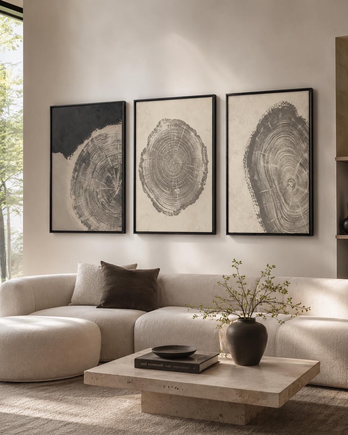 Three-panel abstract tree-ring circles in grey linework on neutral backgrounds detail view