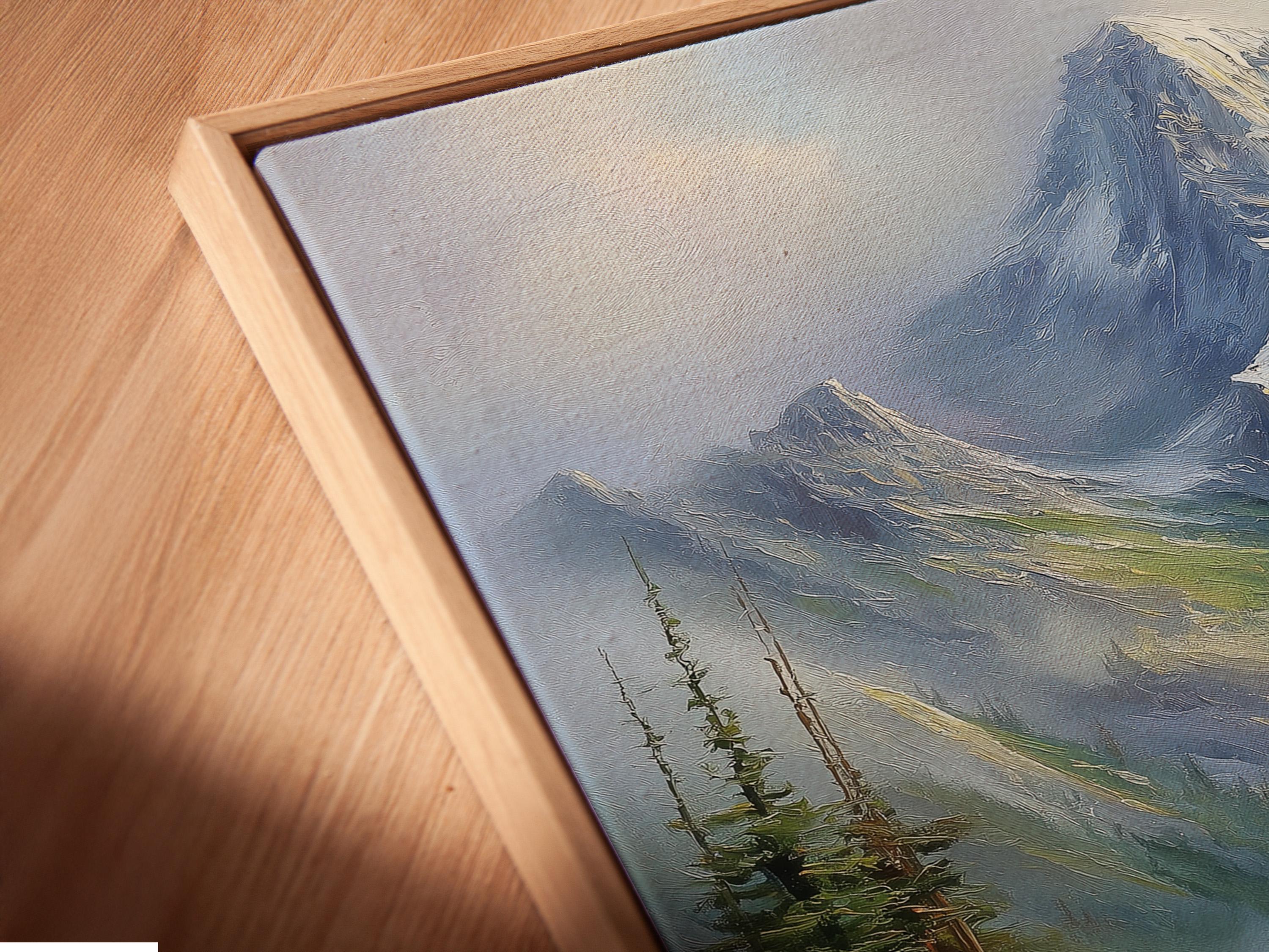 Room mockup showing a framed snowy mountain landscape painting with evergreen trees and a cabin