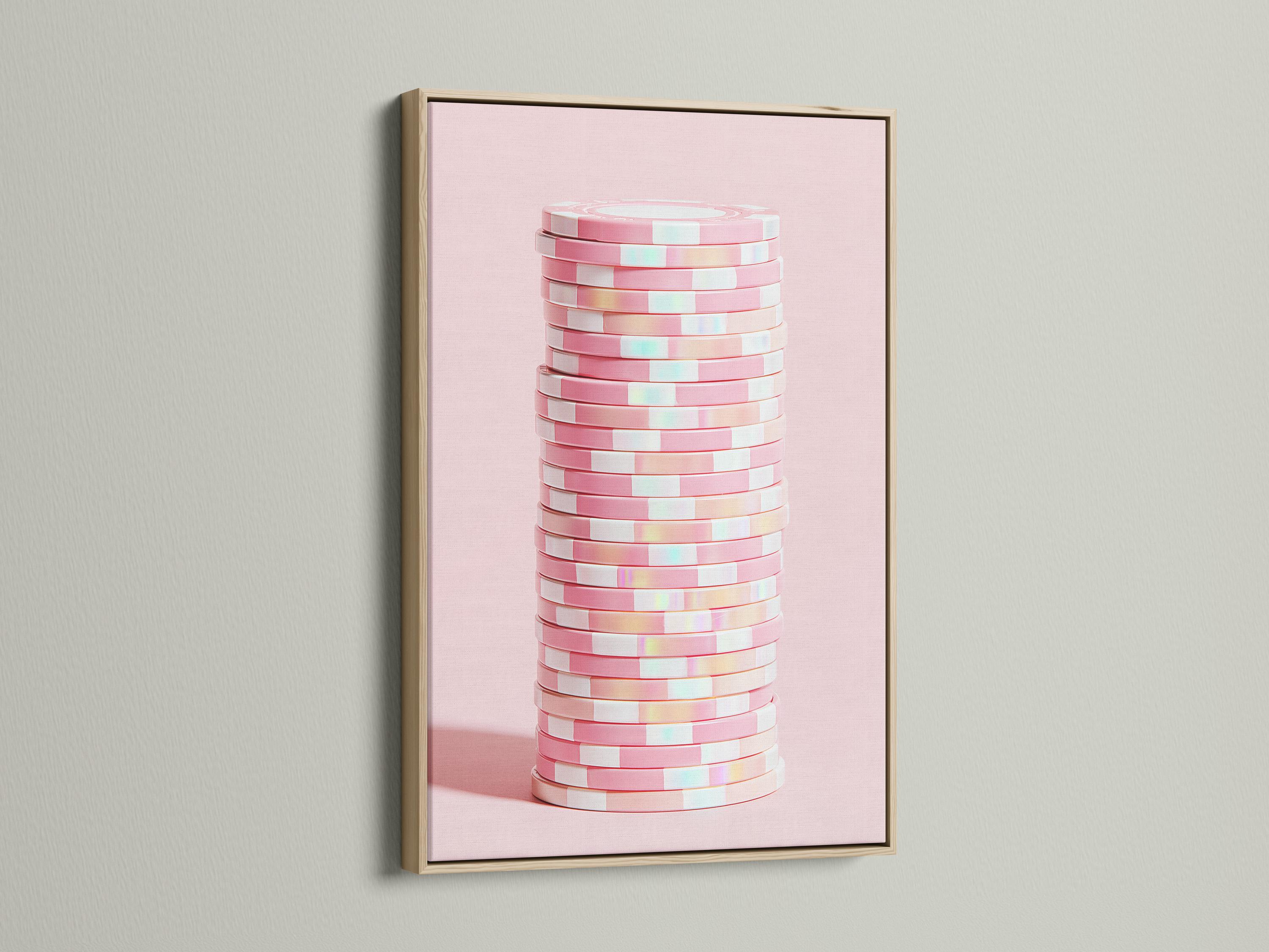 Pastel pink abstract artwork showing stacked disc shapes with subtle iridescent highlights detail view
