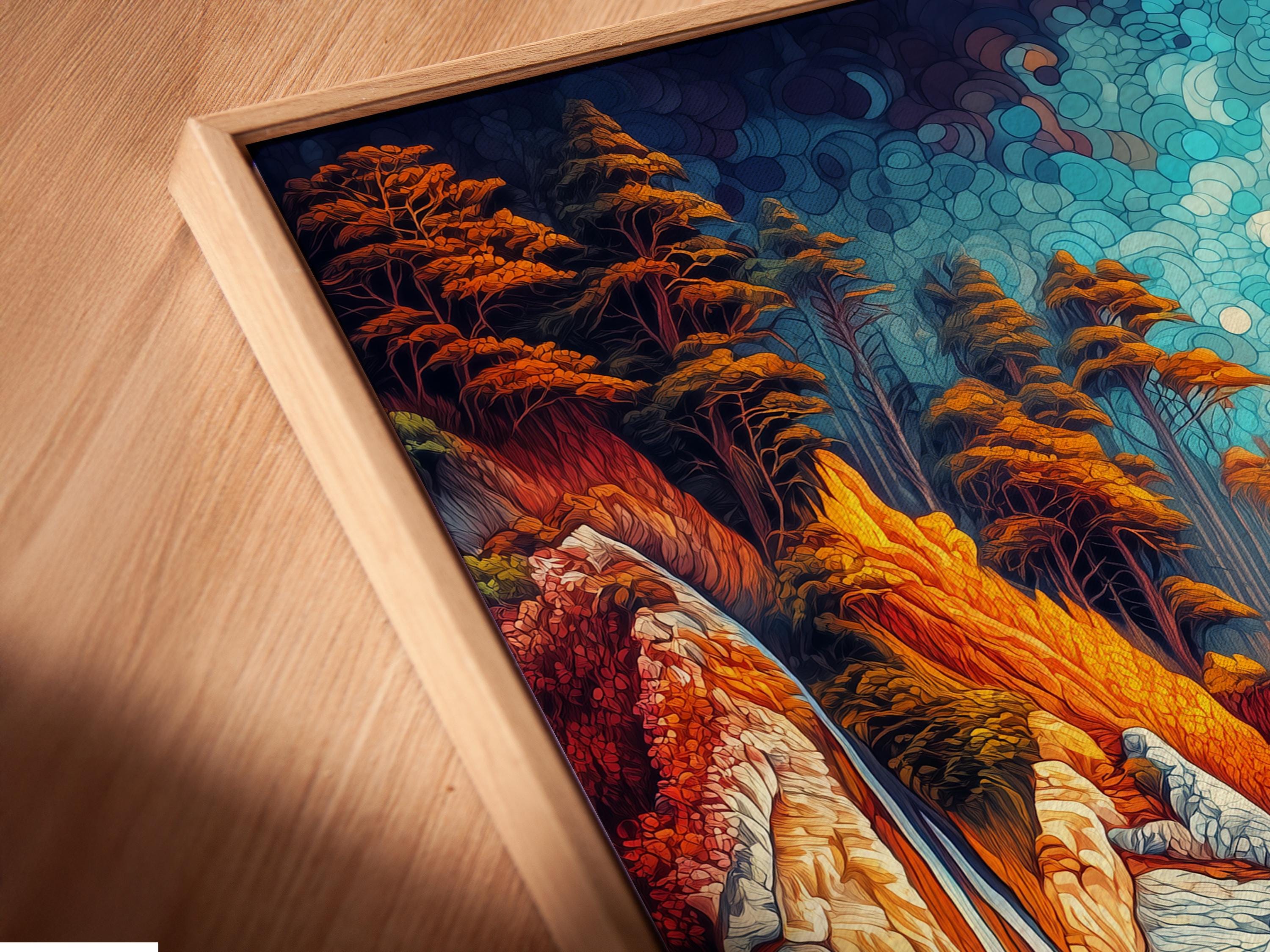 Vibrant ocean shoreline seascape with turquoise waves, orange cliffs and textured blue sky circles detail view