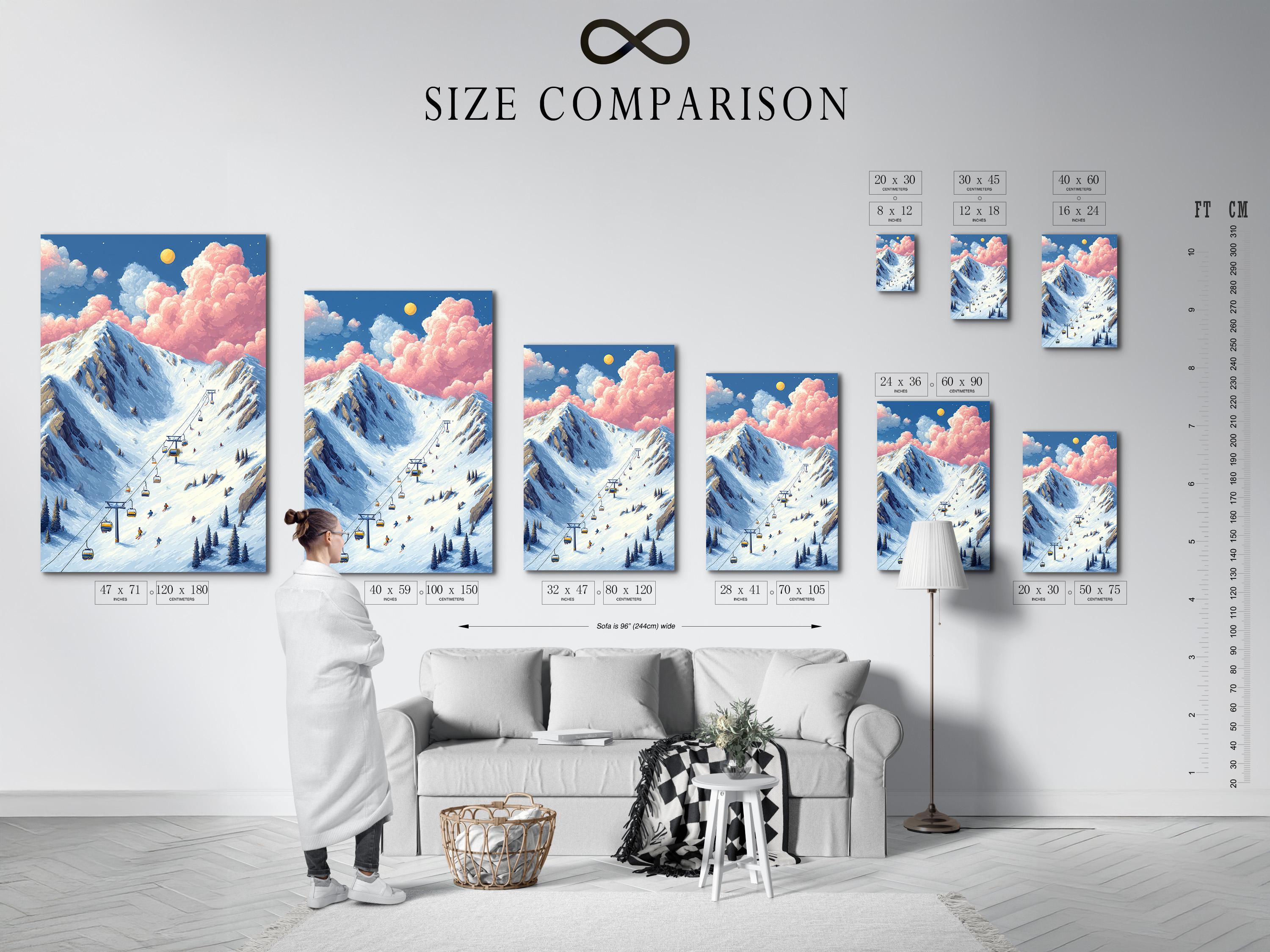 Winter mountain ski resort illustration with a diagonal chairlift, gondolas, skiers, snowy slopes and pink clouds detail view