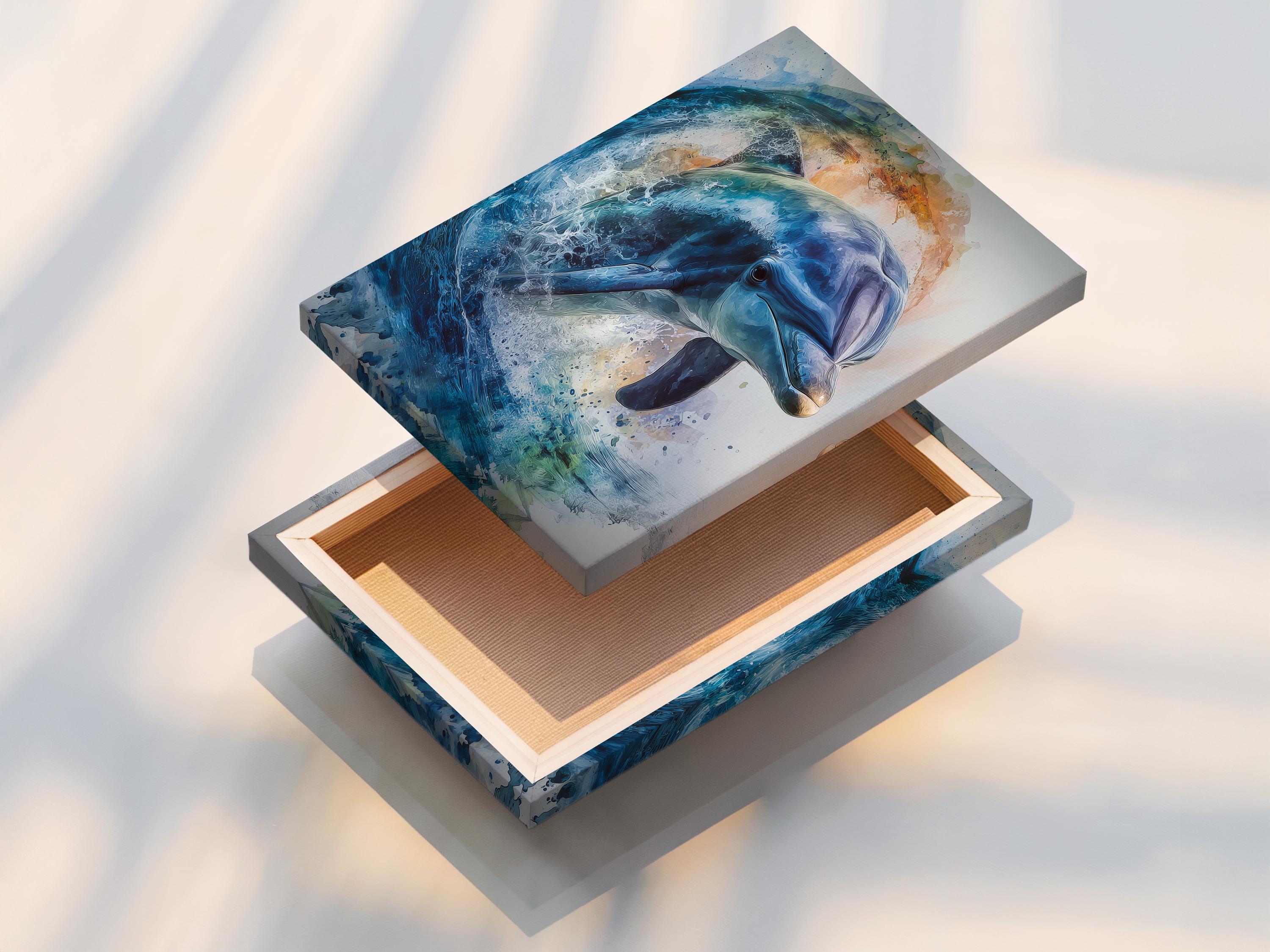 Mockup of blue dolphin ocean artwork shown in a framed layout