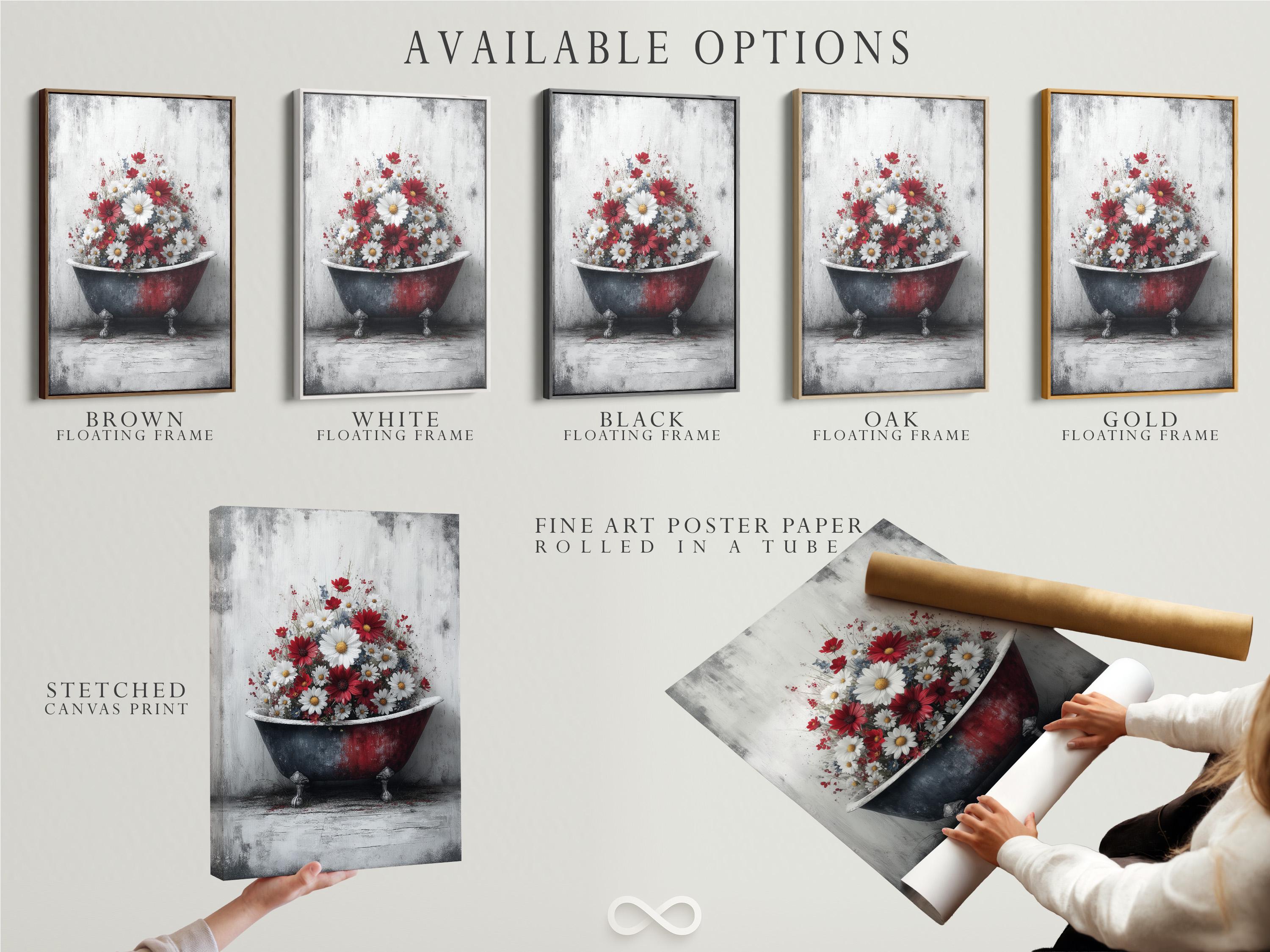 Vintage bathtub filled with red and white daisies on a distressed grey background detail view