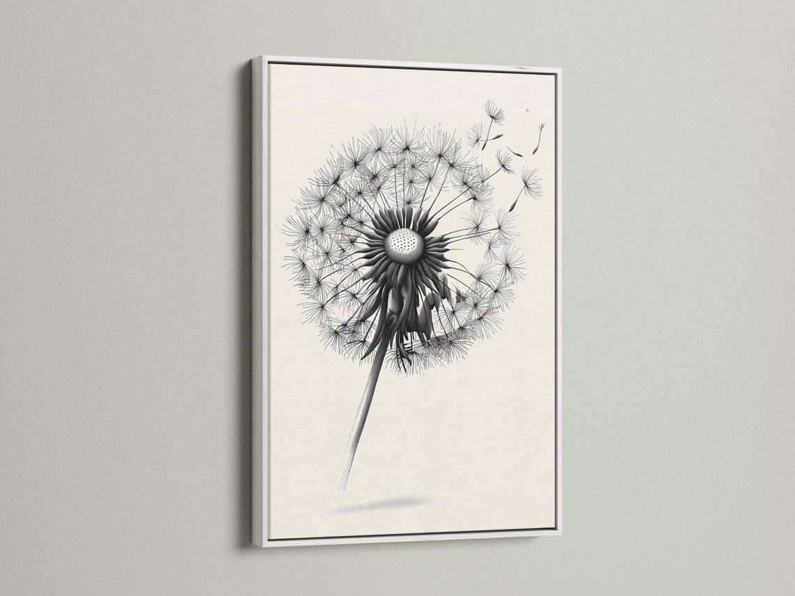 Minimalist black and white dandelion line illustration on a light background detail view