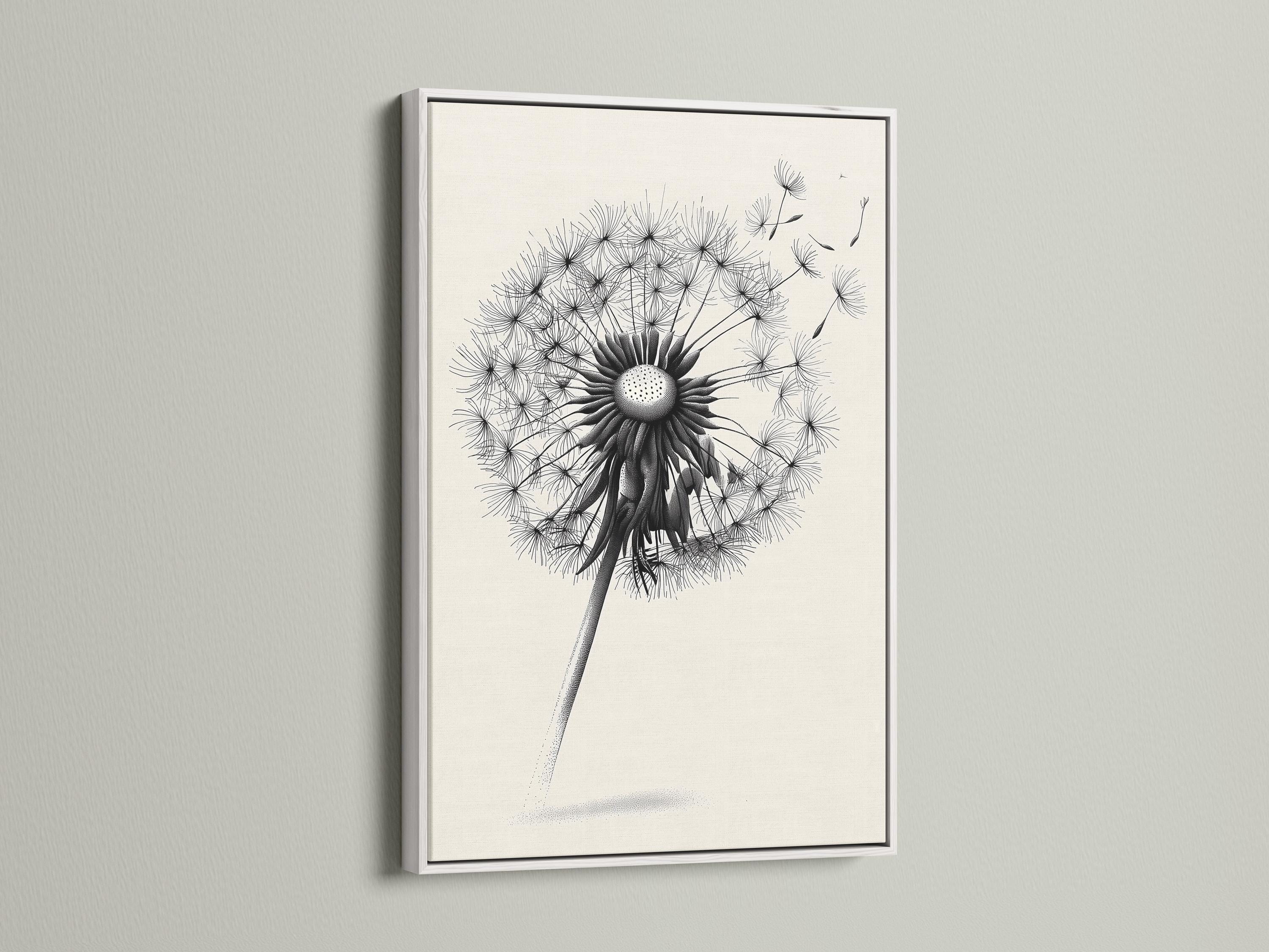 Minimalist black and white dandelion line illustration on a light background detail view