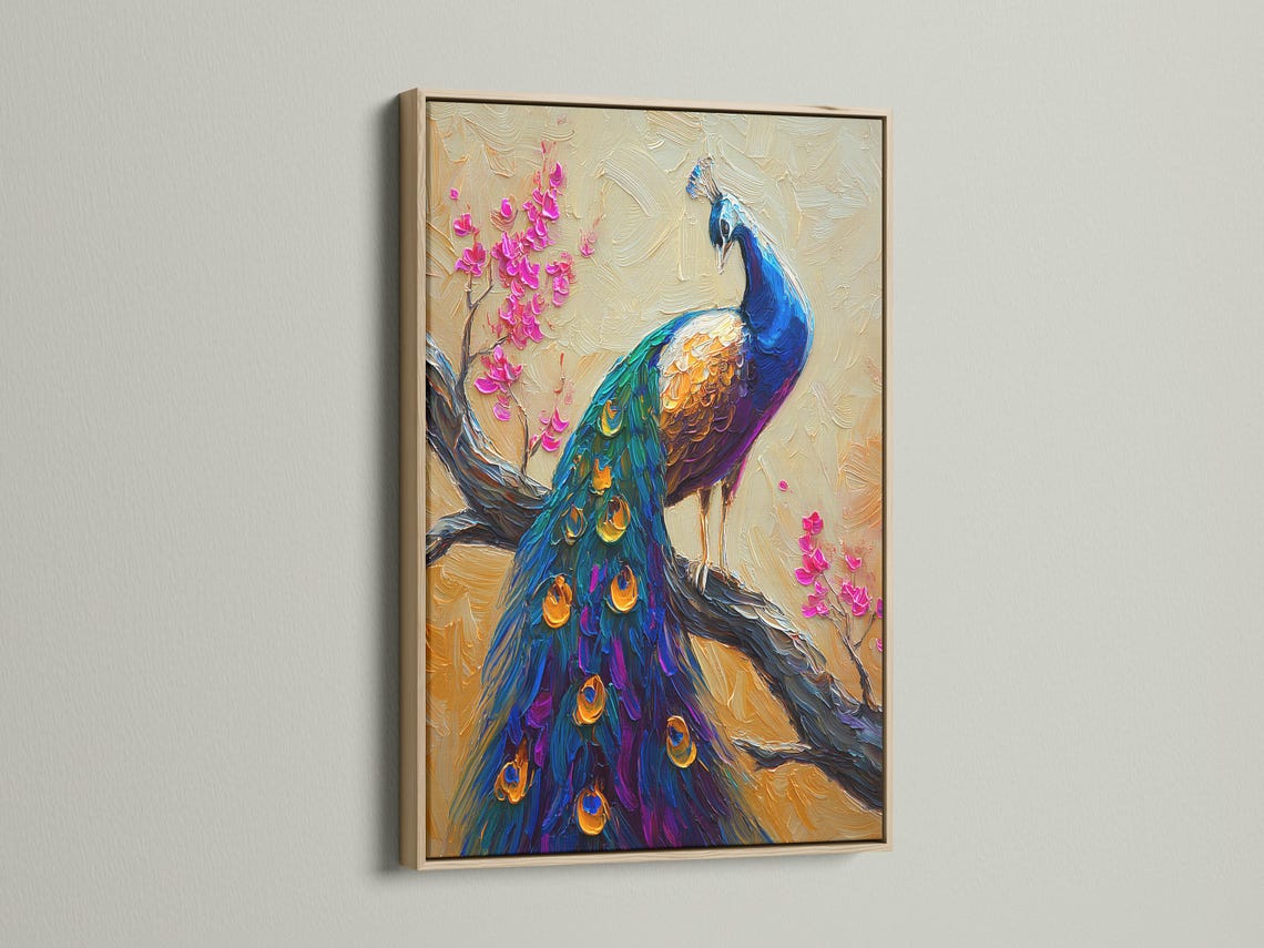 Vibrant peacock with jewel-toned blue feathers beside pink cherry blossom branches on a cream textured background detail view