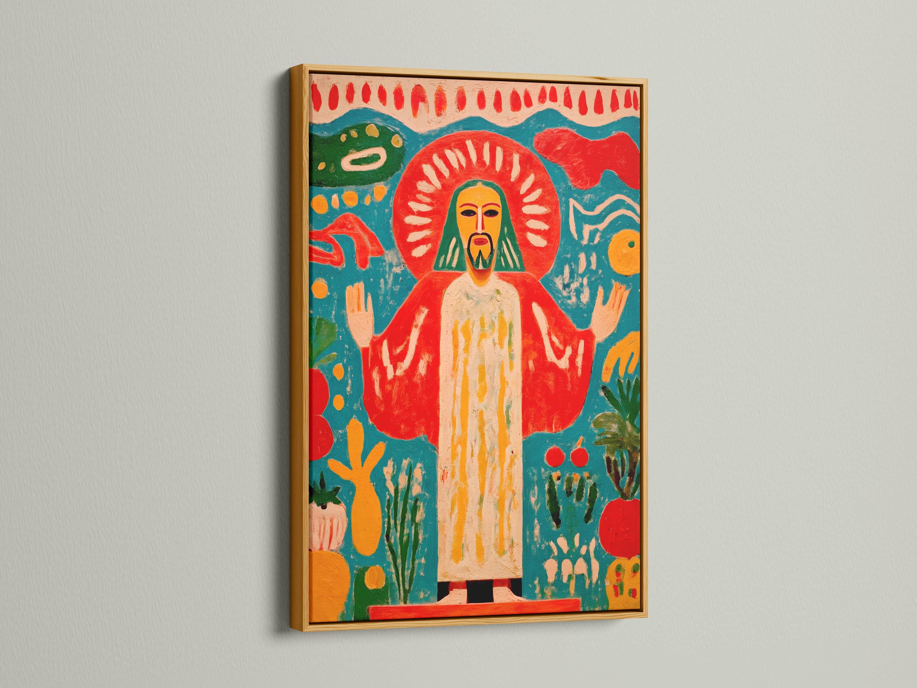 Religious sacred figure artwork displayed above a decorative console in a living room