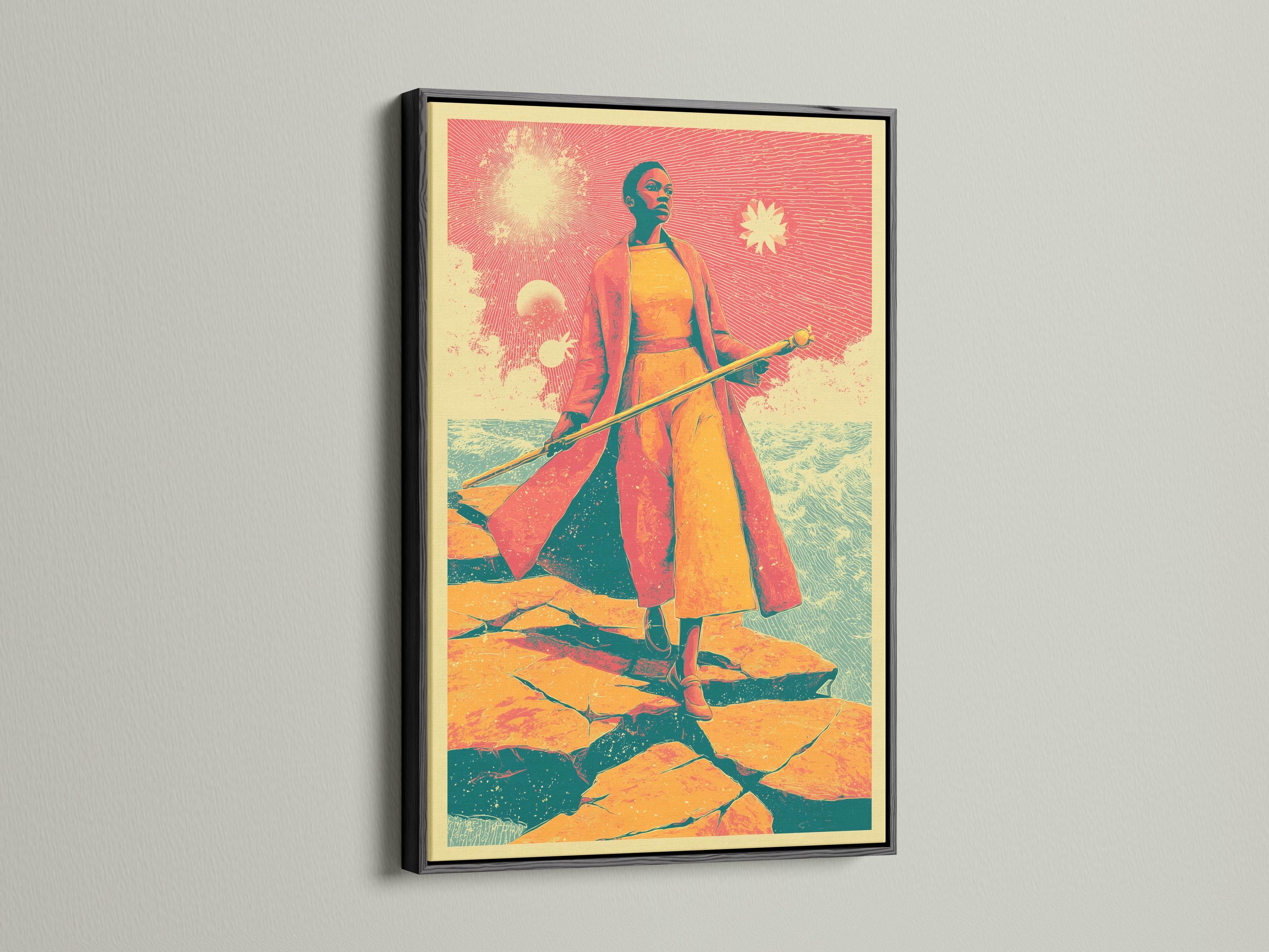 Retro sci-fi woman wall art displayed in an interior mockup