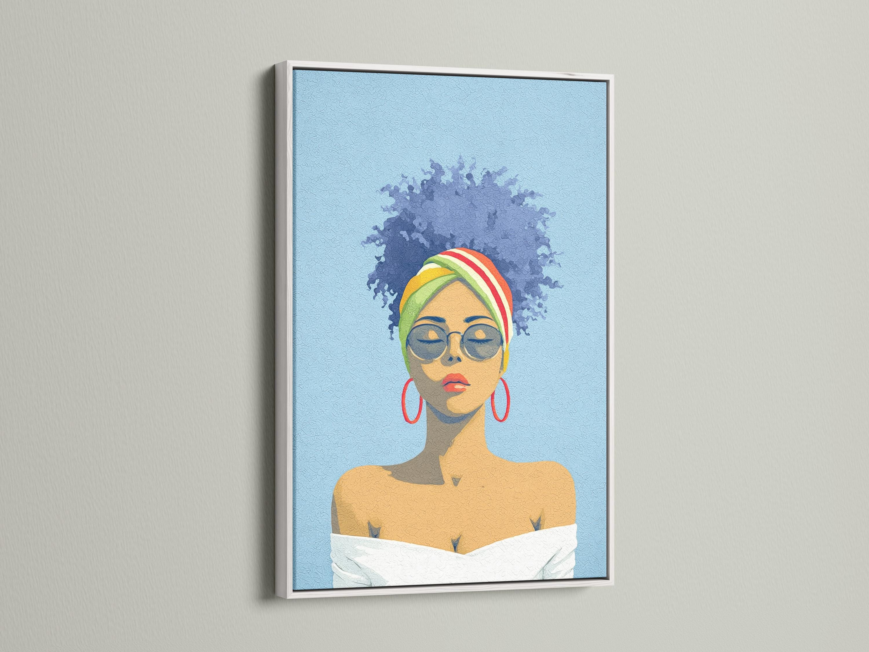 Stylised portrait of a woman with glasses and a rainbow headwrap on a textured blue background detail view