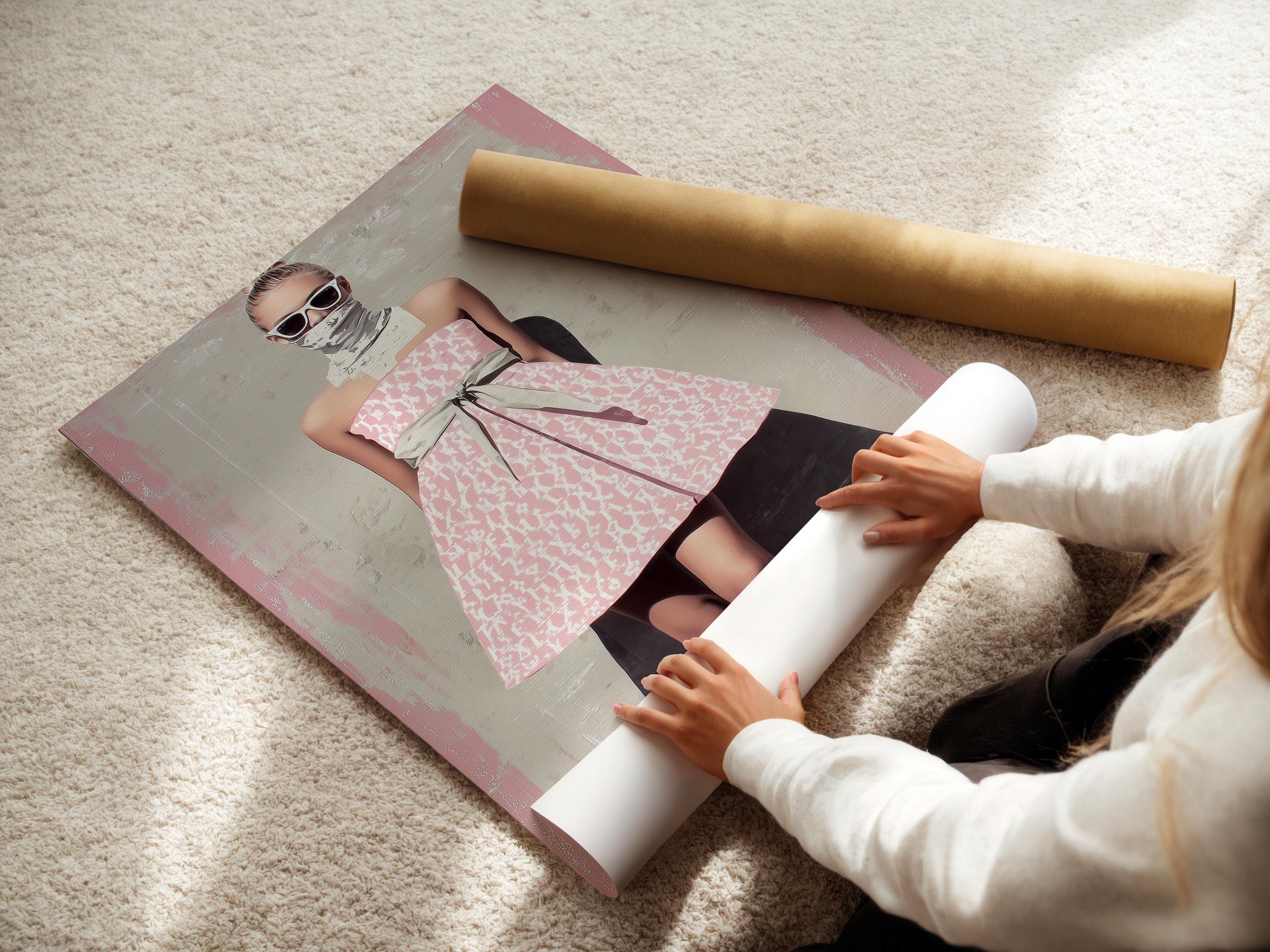 Room mockup showing a framed artwork with a stylised woman in a pink patterned dress