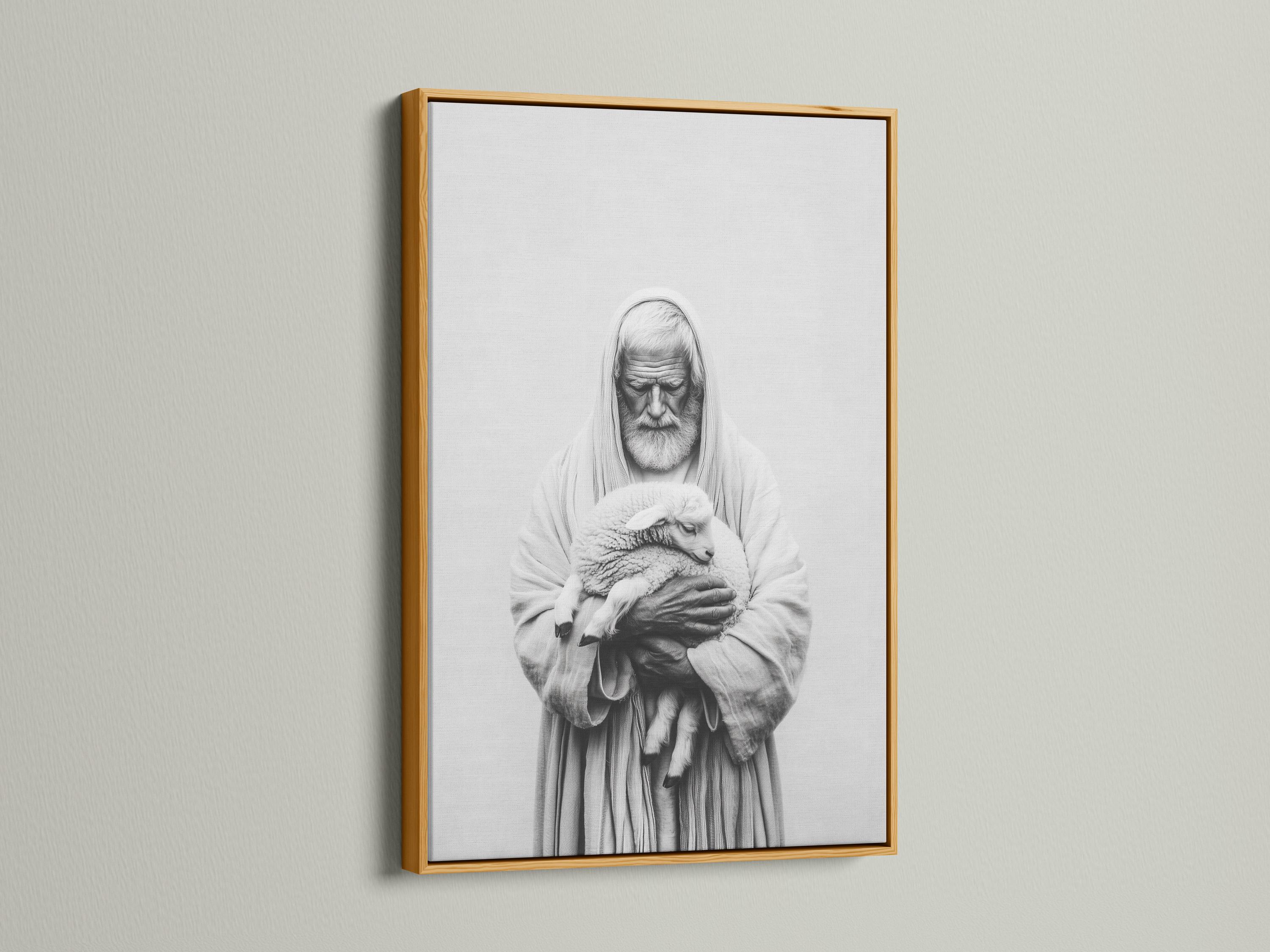 Room mockup showing a framed black-and-white portrait of a hooded shepherd holding a lamb