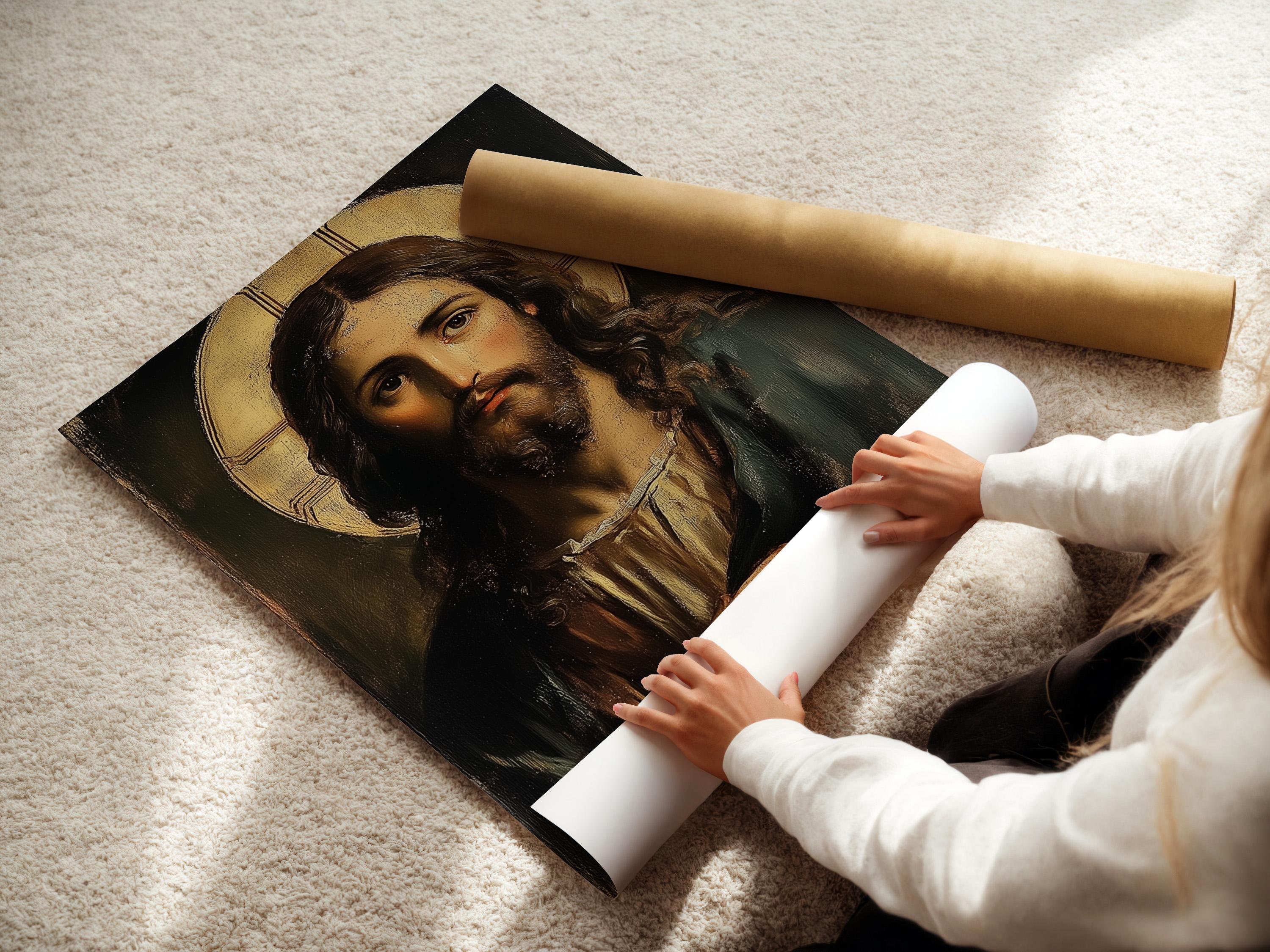 Jesus portrait with long dark hair and a glowing gold halo detail view