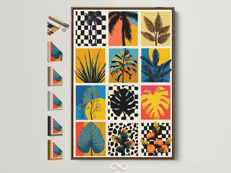 Retro tropical botanical collage grid with palm leaves, checkerboard and dotted patterns