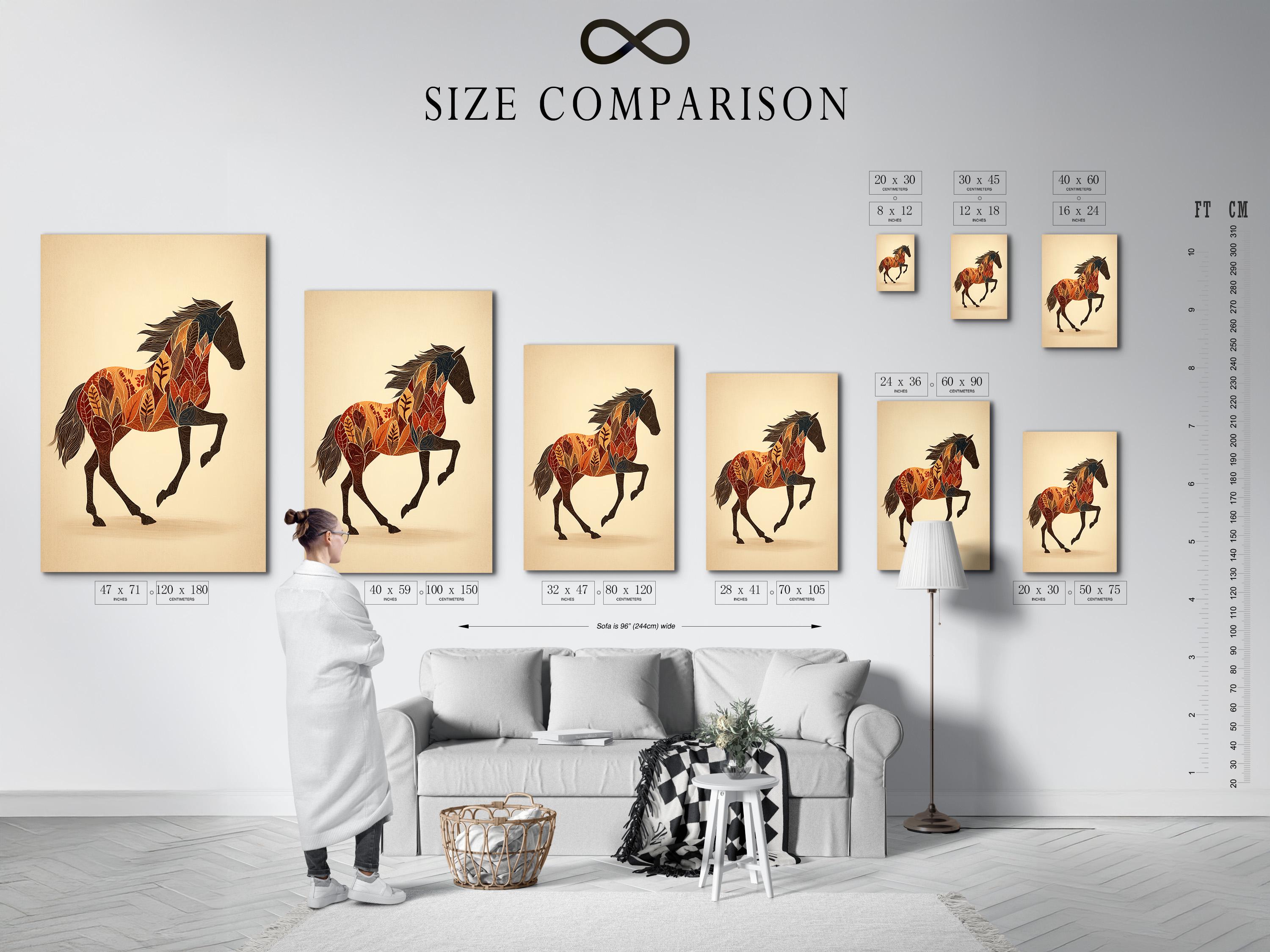Mockup of a framed horse artwork with botanical leaf pattern on a pale beige background