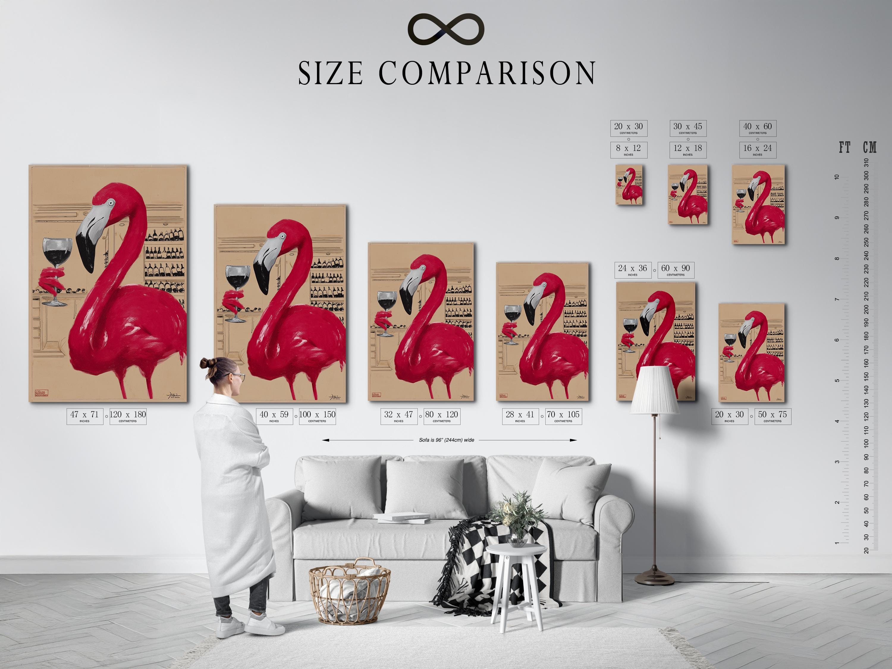 A pink flamingo in a beige bar scene with a wine glass and shelves of bottles detail view