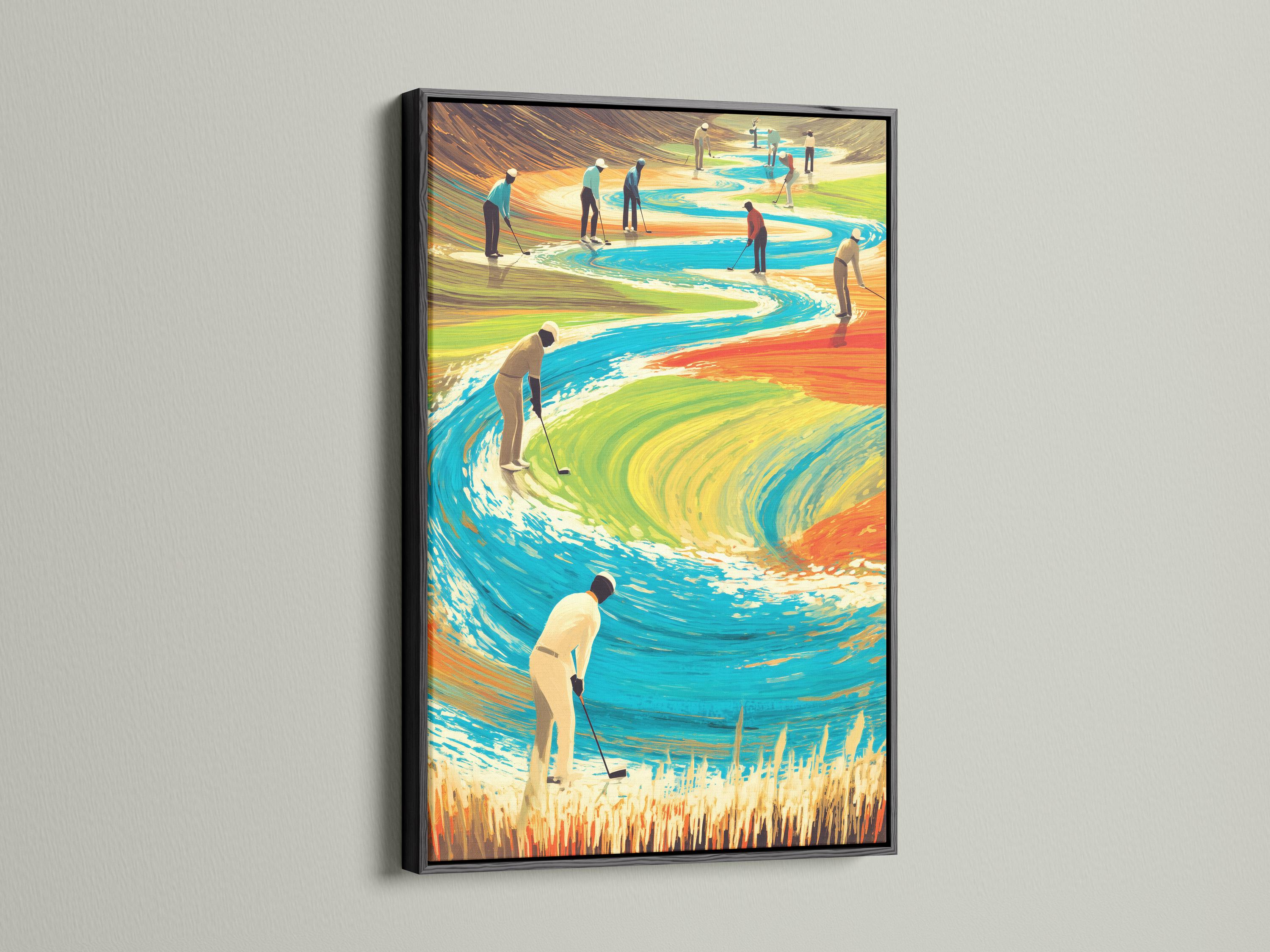 Surreal golf course scene with stylised golfers and a winding blue water channel detail view