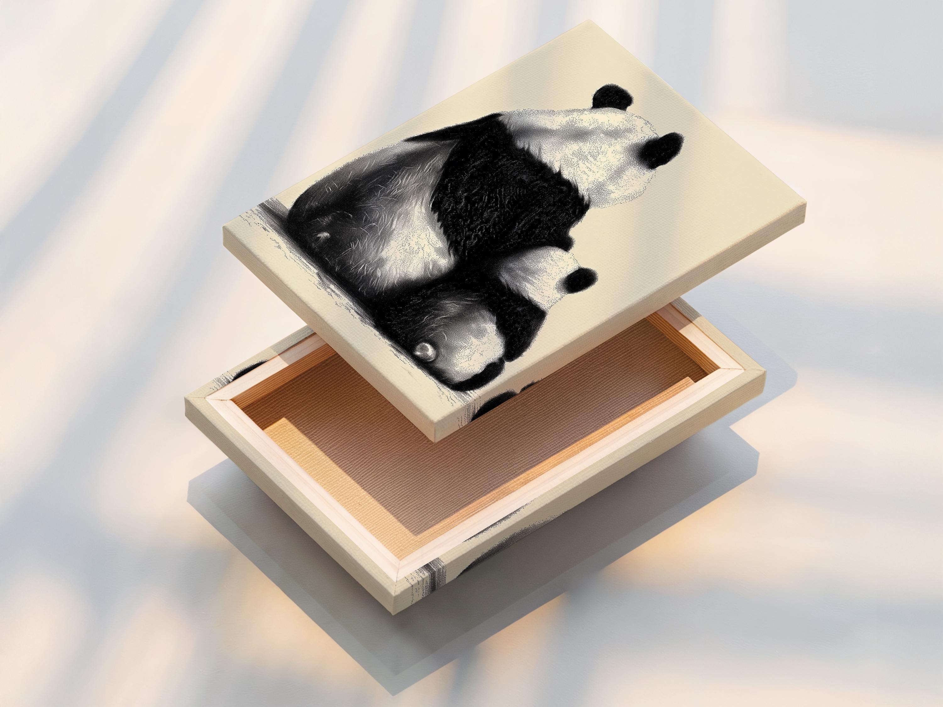 Wall mockup showing a framed panda portrait artwork in black and beige