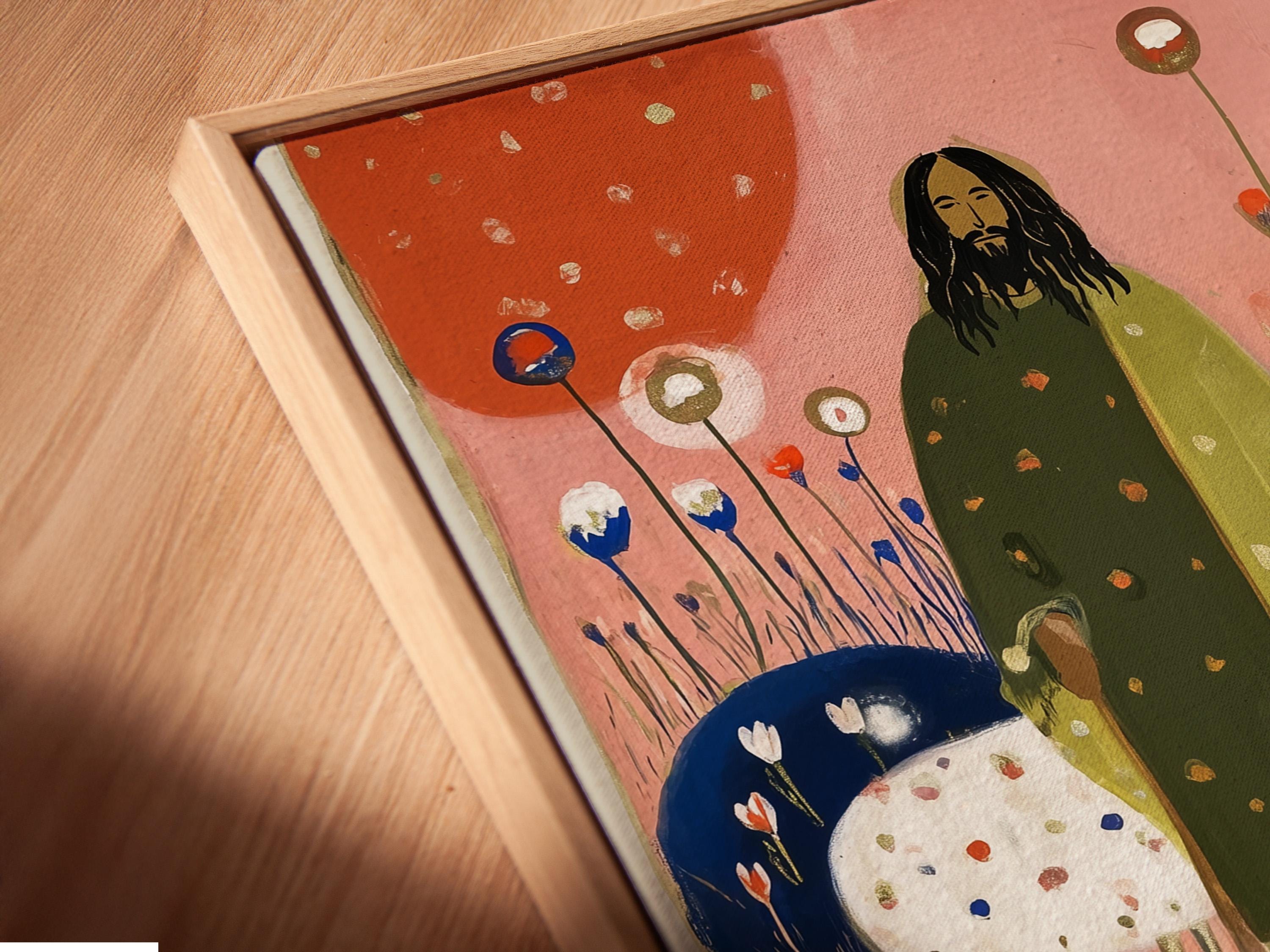 Folk-art illustration of a robed figure standing with spotted sheep in a field of blue flowers detail view