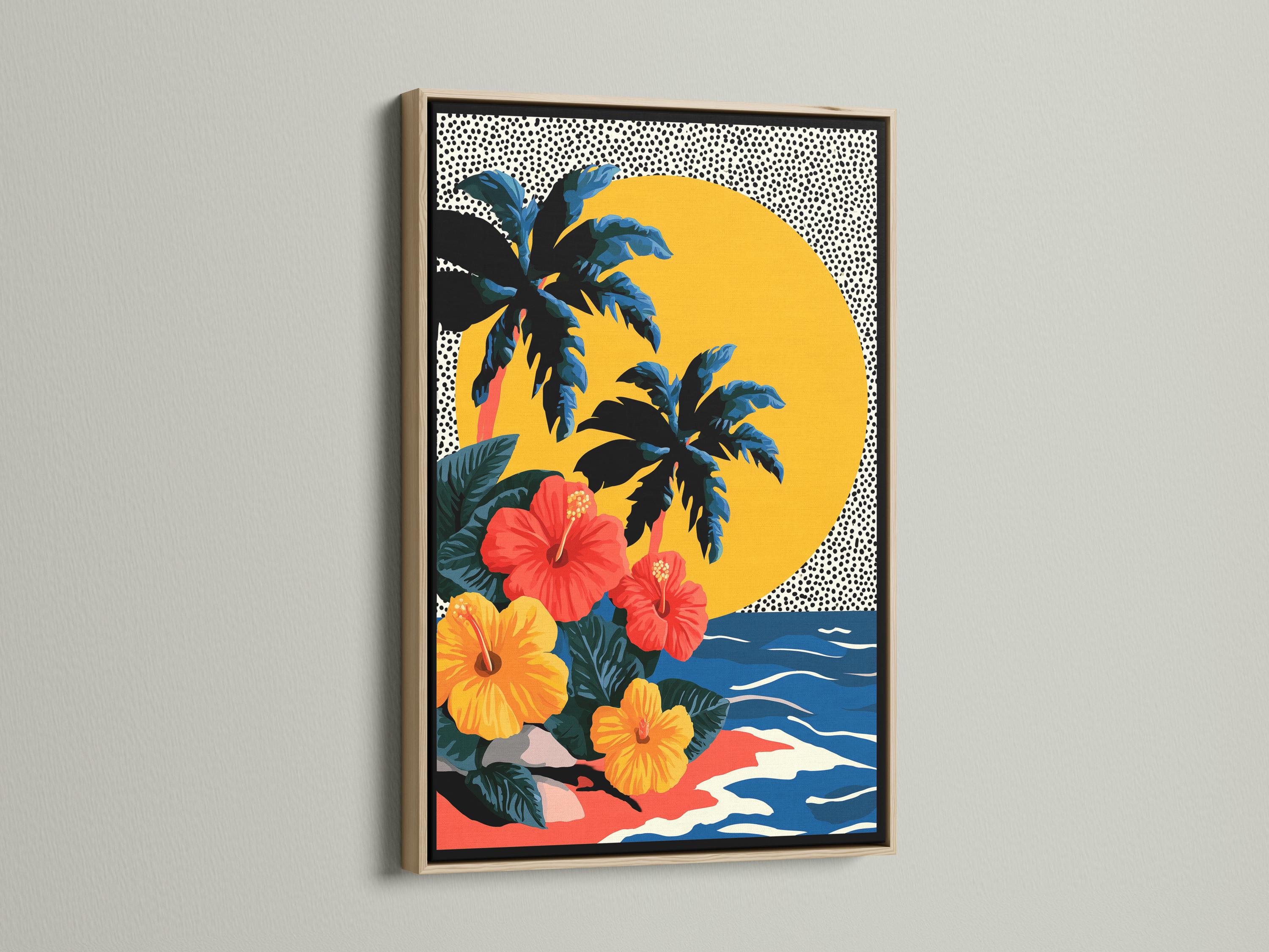 Wall mockup of tropical floral artwork with palm leaves, hibiscus-like flowers, waves and a yellow sun circle