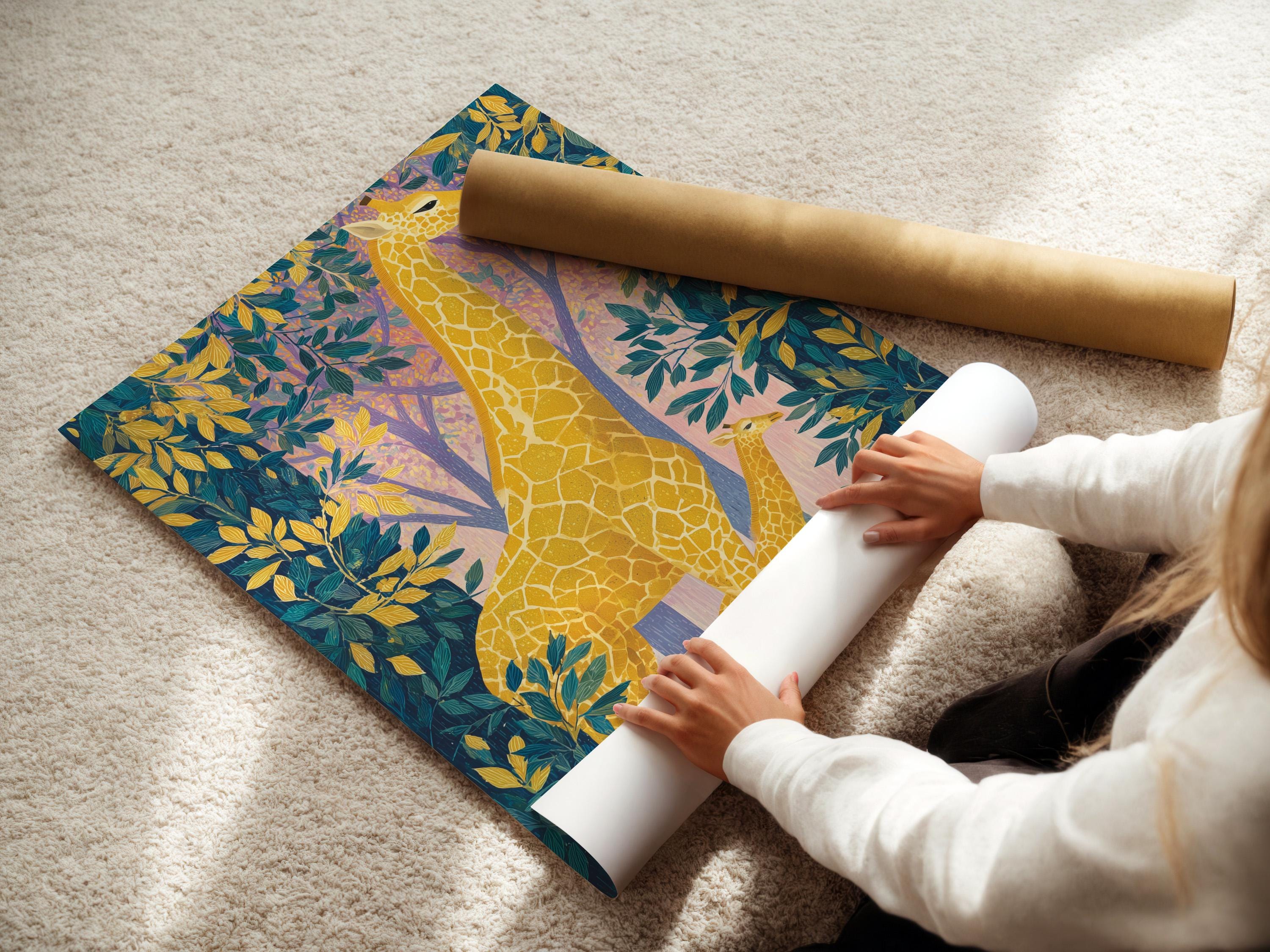 Artwork mockup showing a framed illustration of a giraffe with tropical foliage and tree trunks