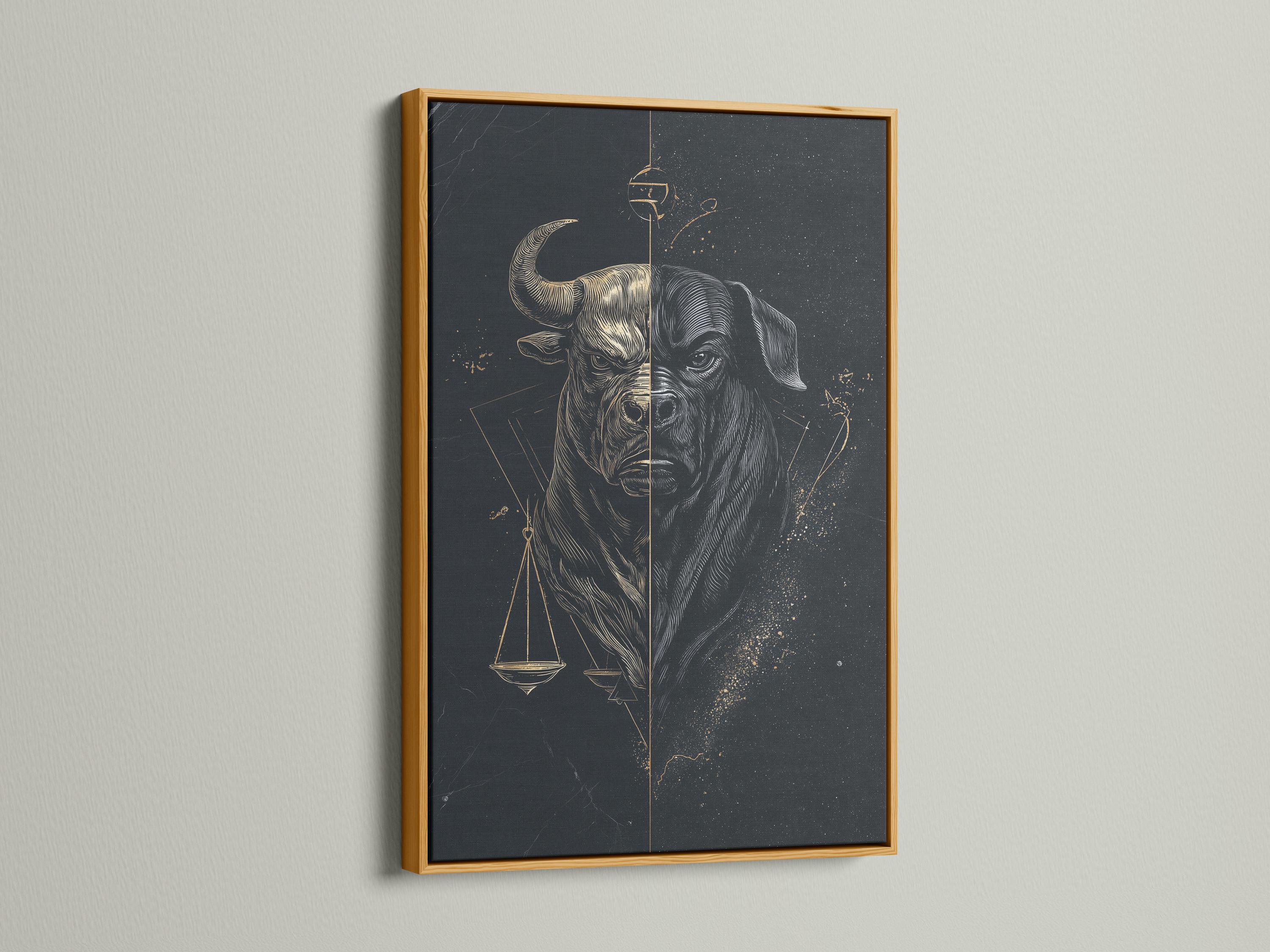 Split monochrome bull and dog portrait with gold scales of justice on a dark background detail view