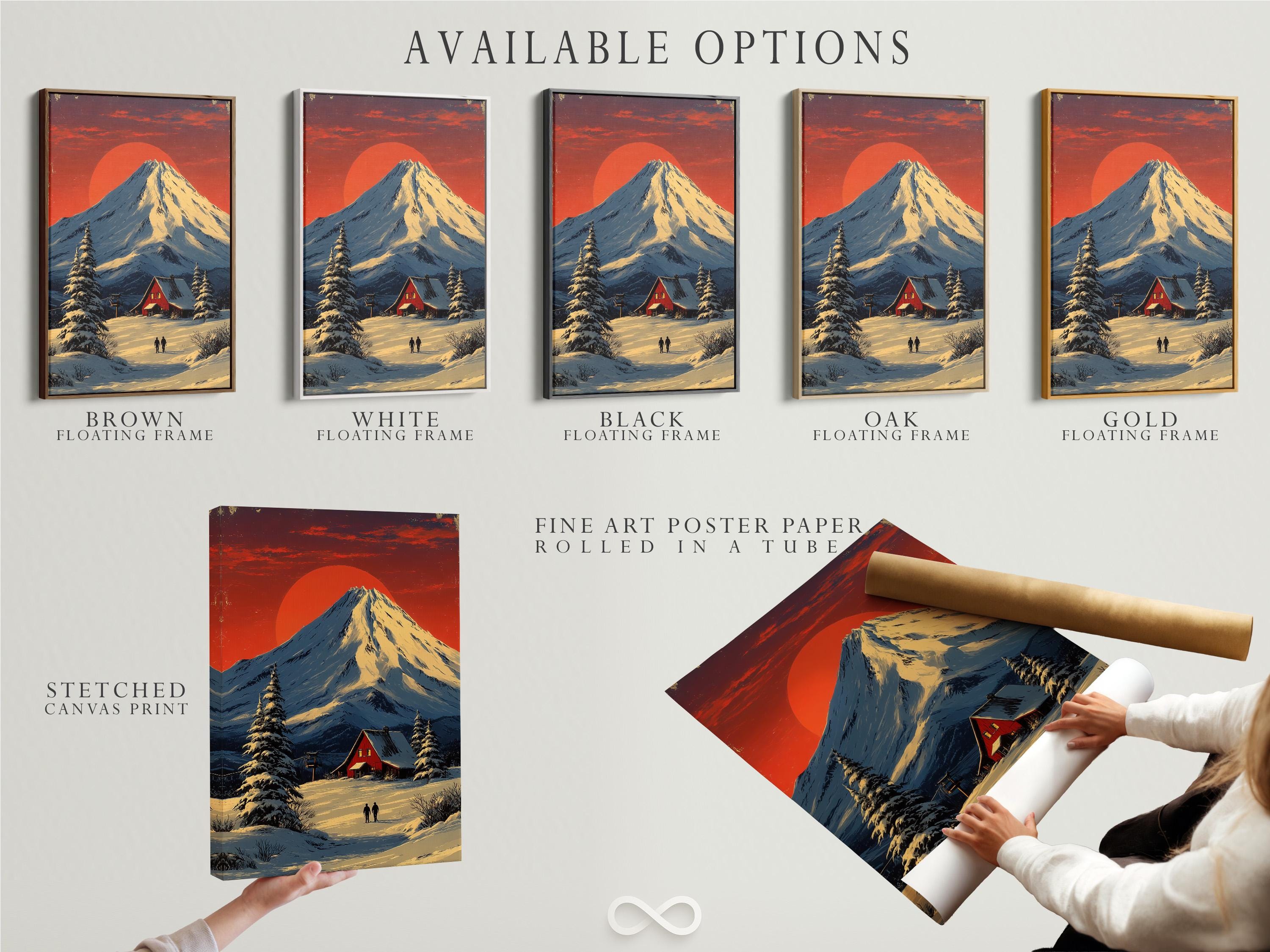 Illustrated winter mountain landscape with a snowy peak, red cabin, pine trees and two silhouettes walking detail view