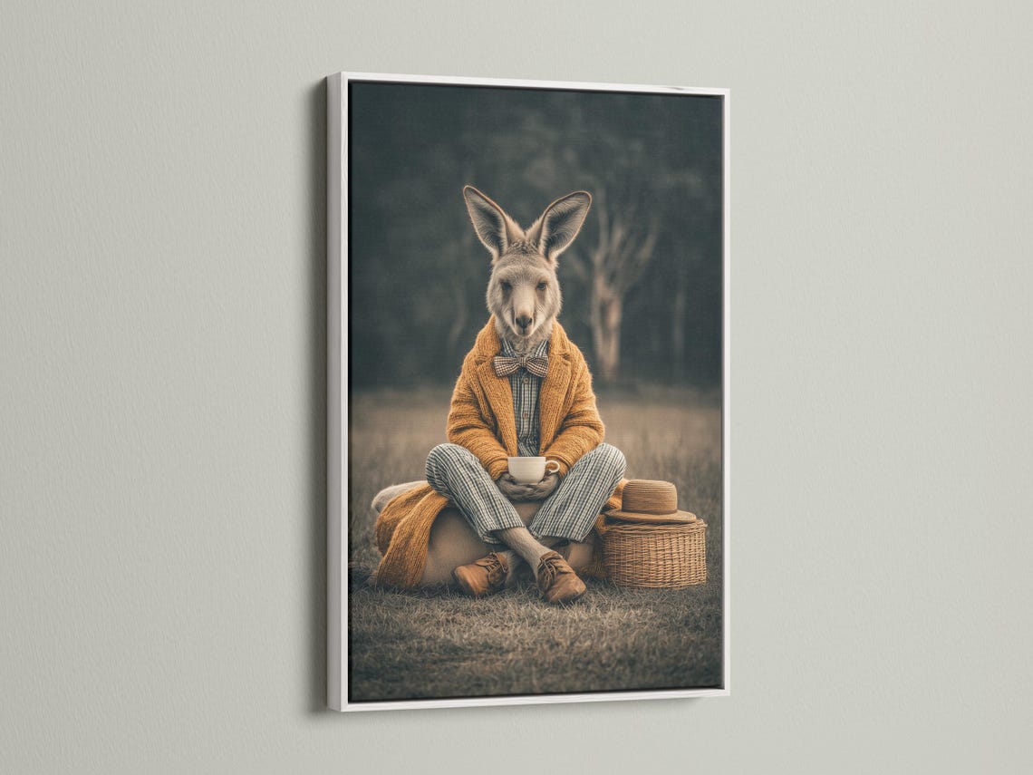 Framed kangaroo gentleman portrait artwork mockup on a light background with frame options