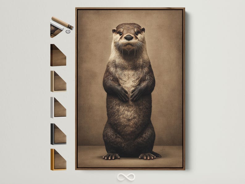Stylised otter standing upright on a textured taupe background