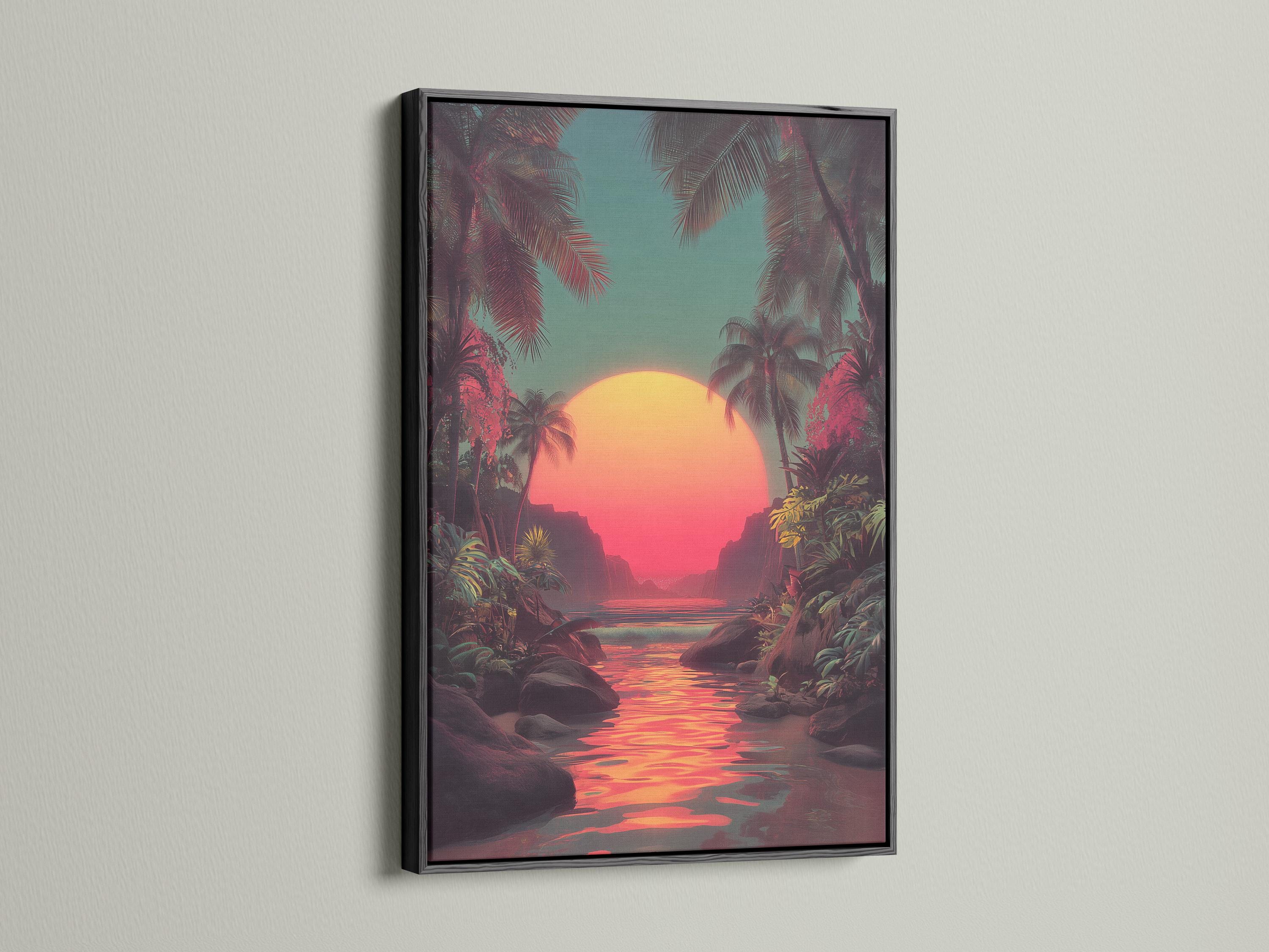 Mockup showing a framed retro tropical sunset seascape with palm trees and reflective water