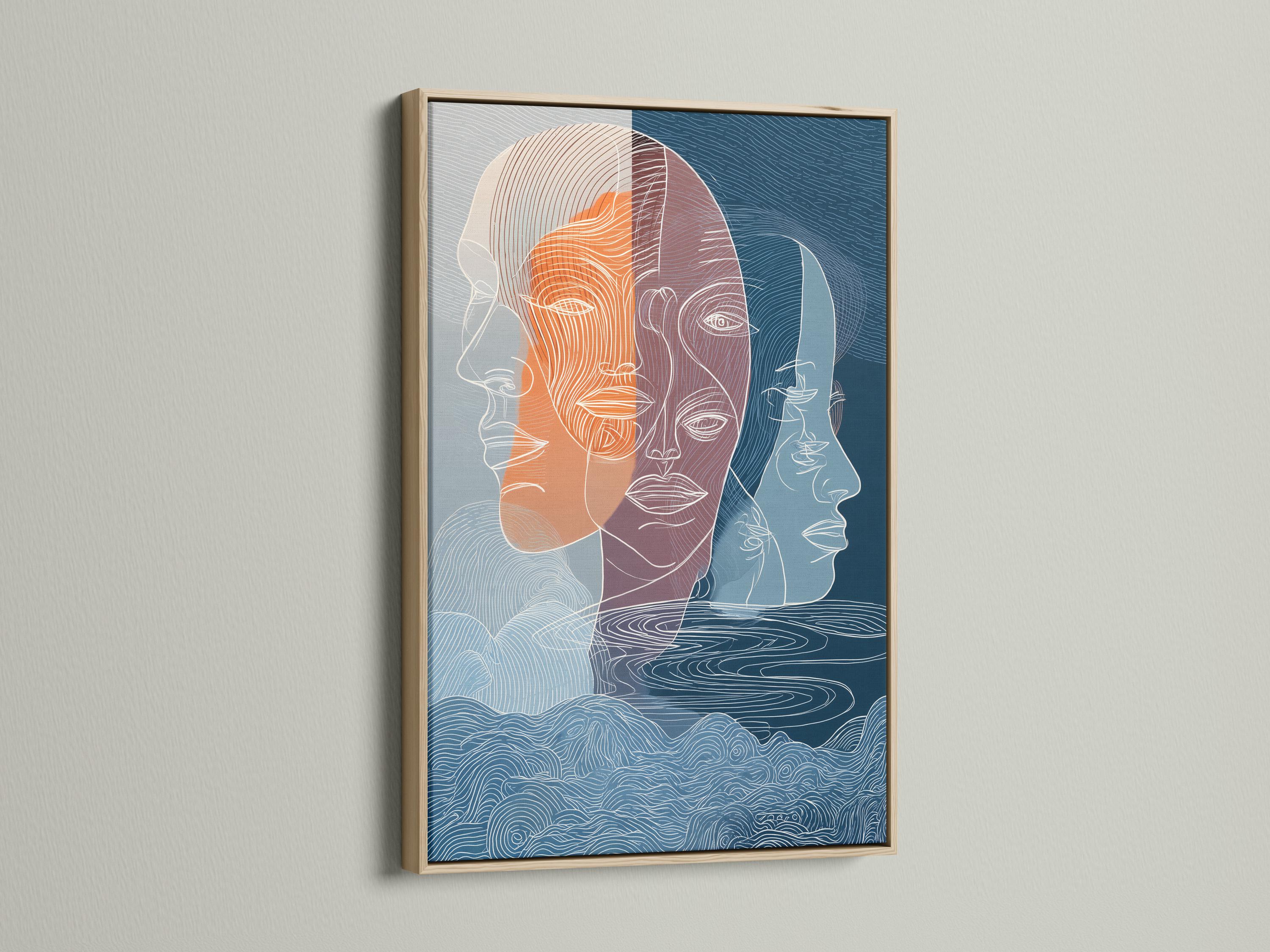 A pair of abstract line-illustrated faces fills the centre, layered in indigo, teal and warm terracotta/orange with flowing contour lines detail view