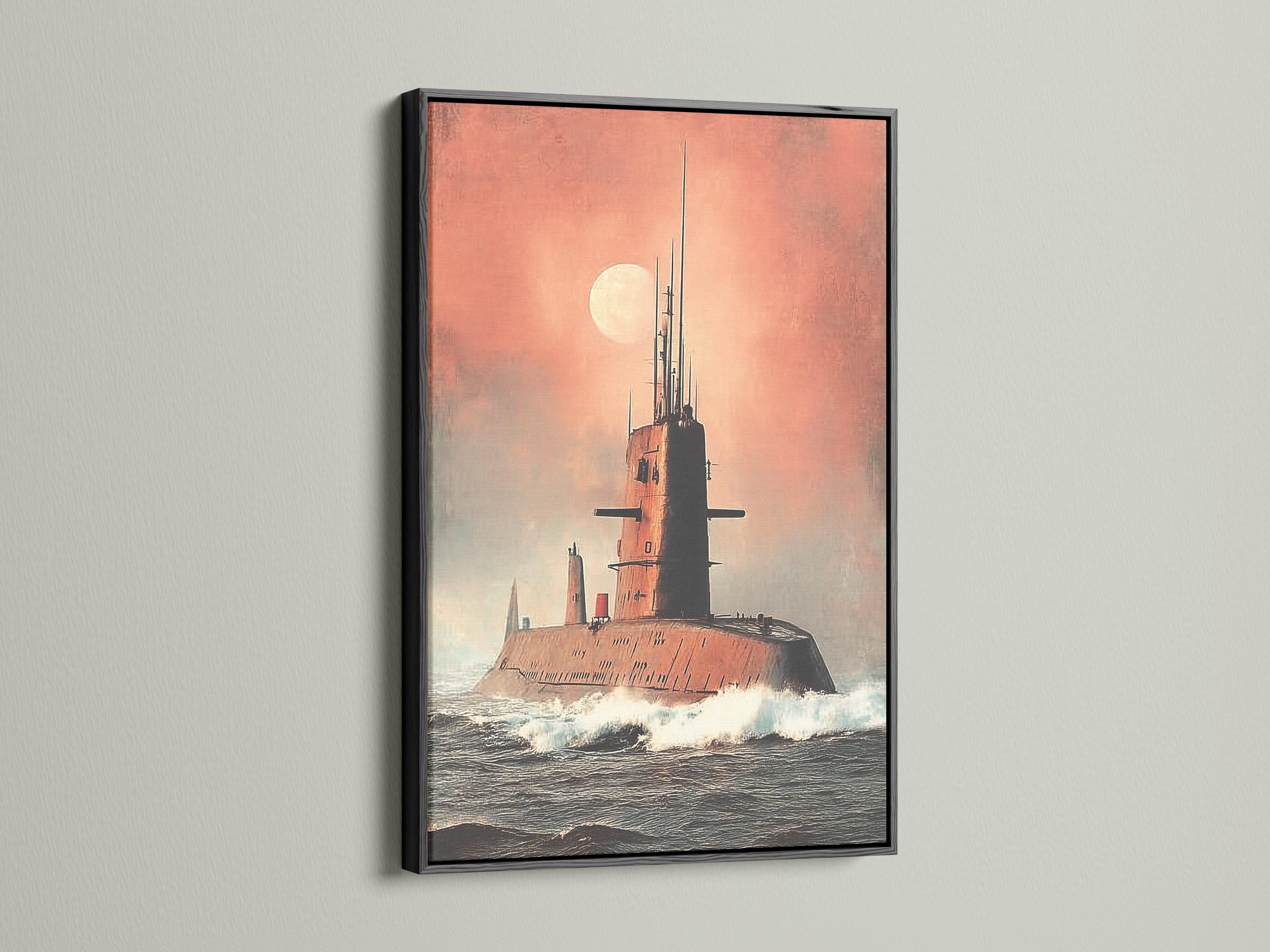 Moonlit submarine on choppy ocean waves under a dusty pink sky detail view