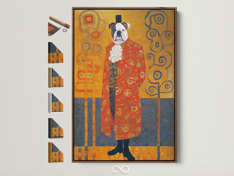 Stylised bulldog portrait with warm gold mosaic background, red coat and deep navy ornamental swirls