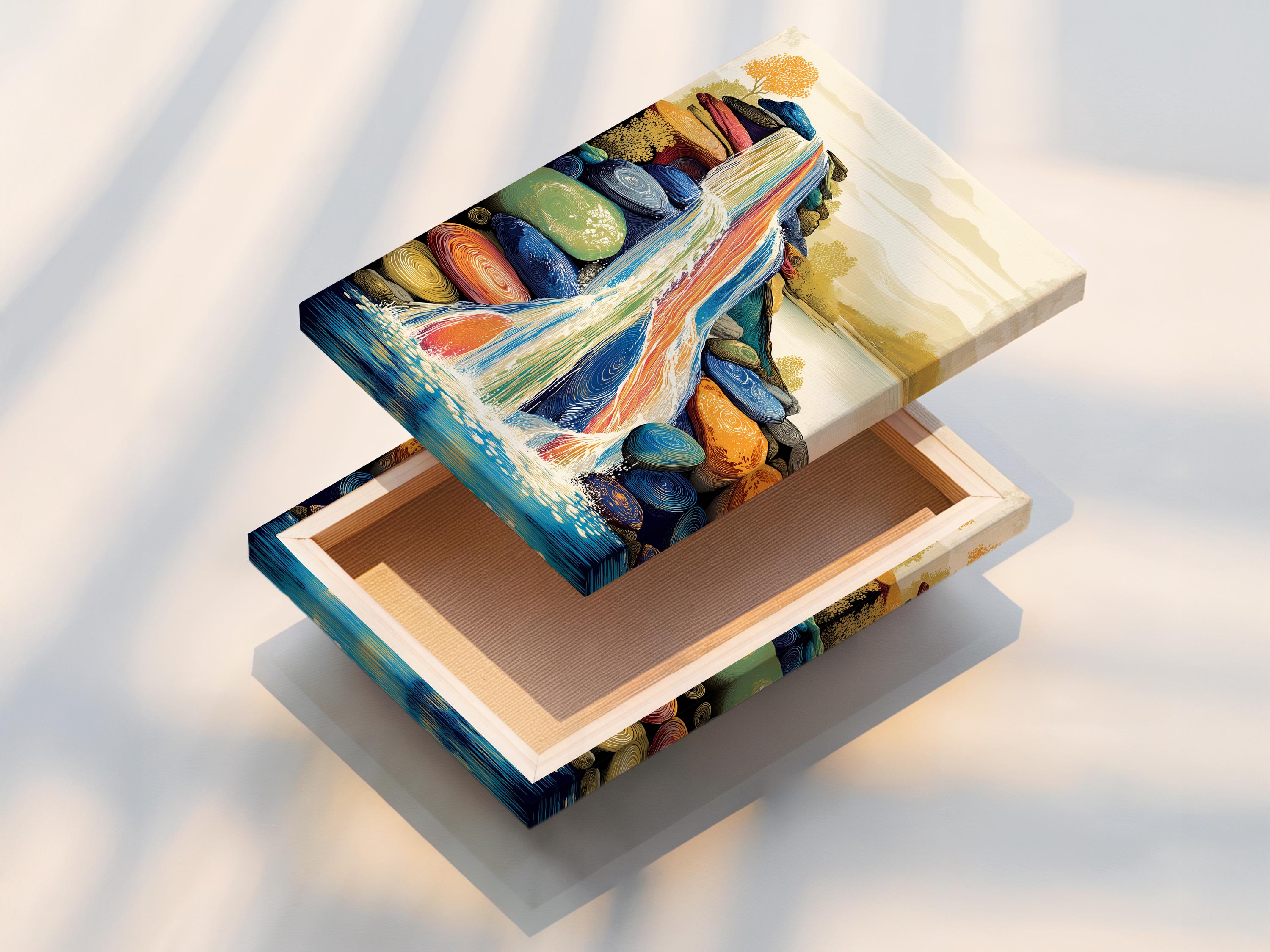 Room mockup showing a framed waterfall artwork with blue and gold colours