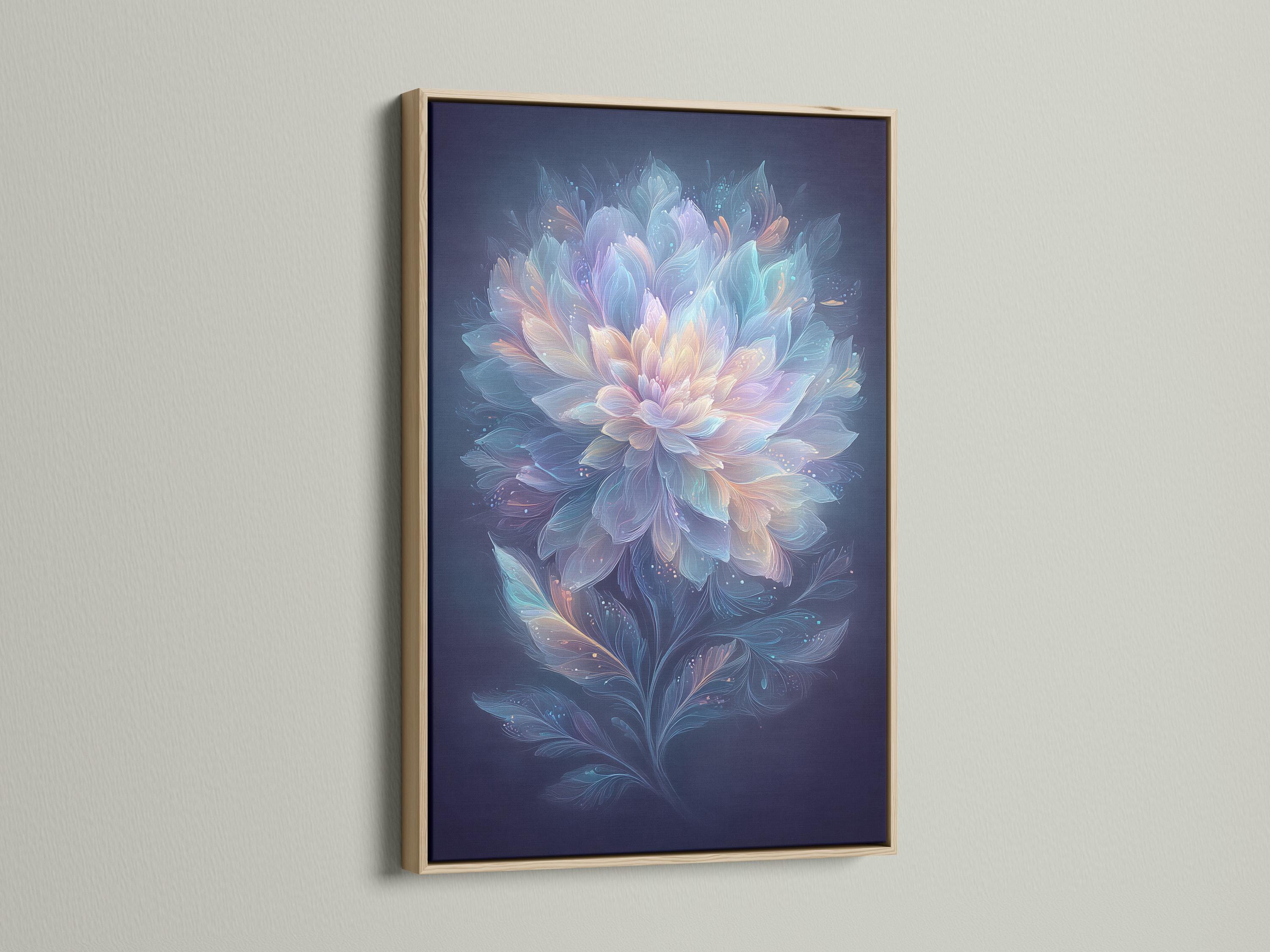 Wall mockup showing a framed floral artwork with pastel petals on deep navy blue