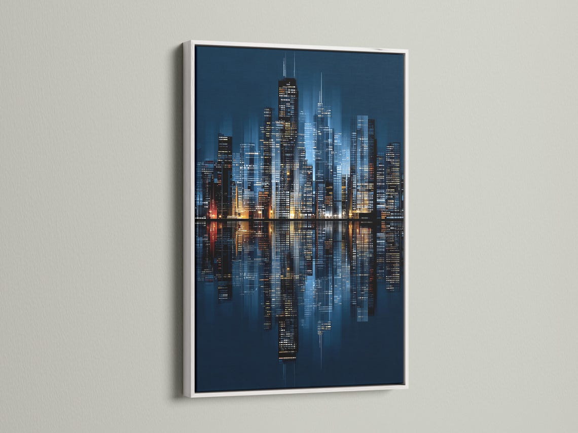 Night city skyline artwork in navy blue with illuminated buildings and reflections detail view